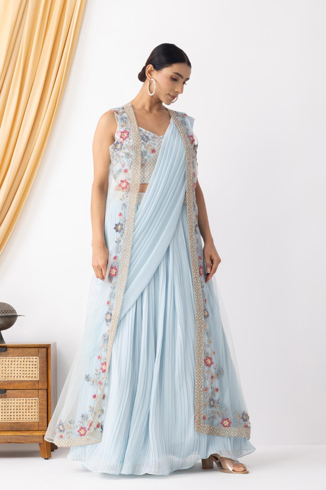 Powder Blue Georgette Draped Jacket Saree Set