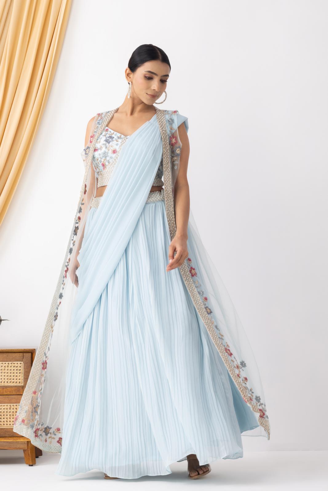 Powder Blue Georgette Draped Jacket Saree Set