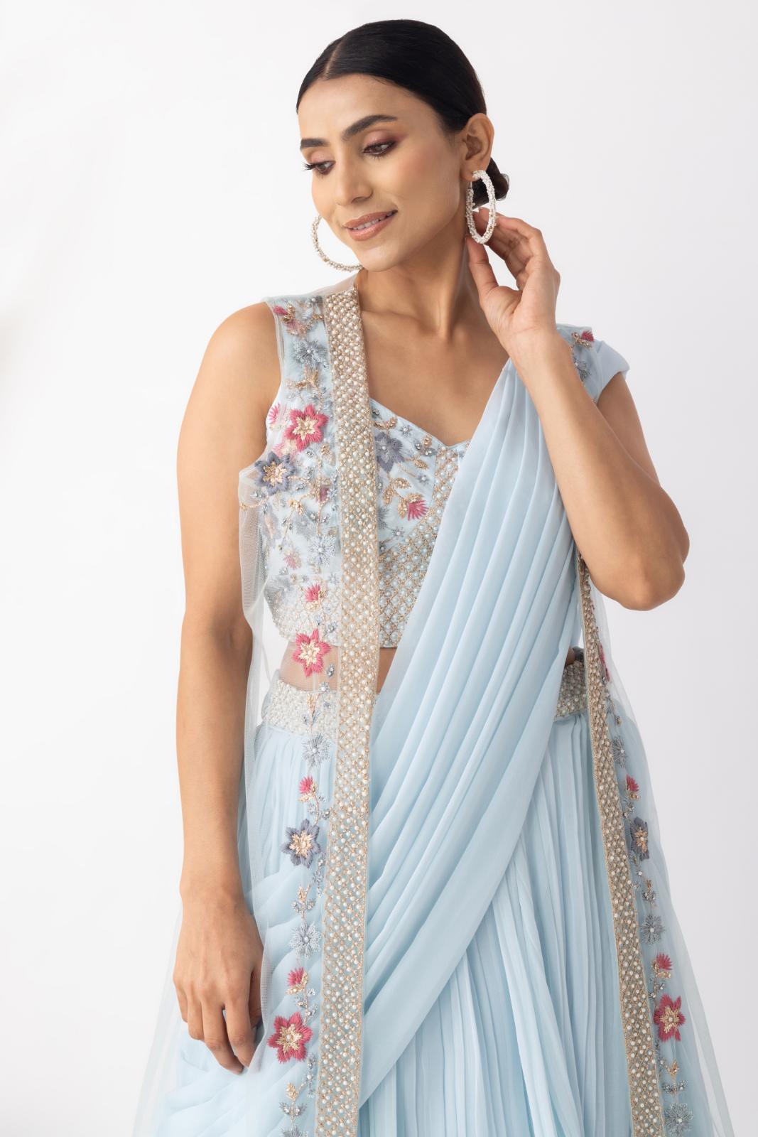Powder Blue Georgette Draped Jacket Saree Set