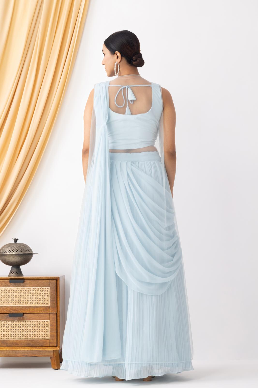 Powder Blue Georgette Draped Jacket Saree Set