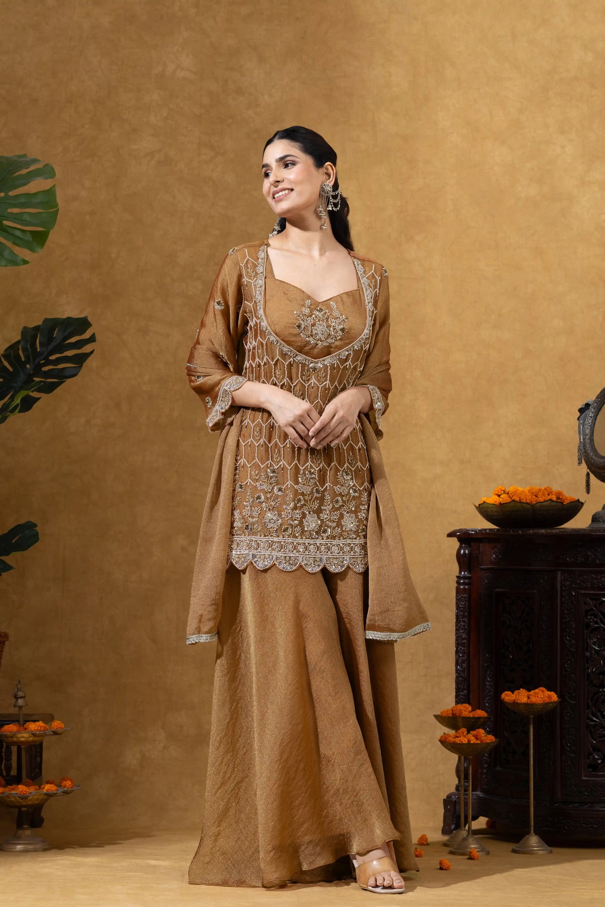 Rust Brown Embroidered Kurta Palazzo Set