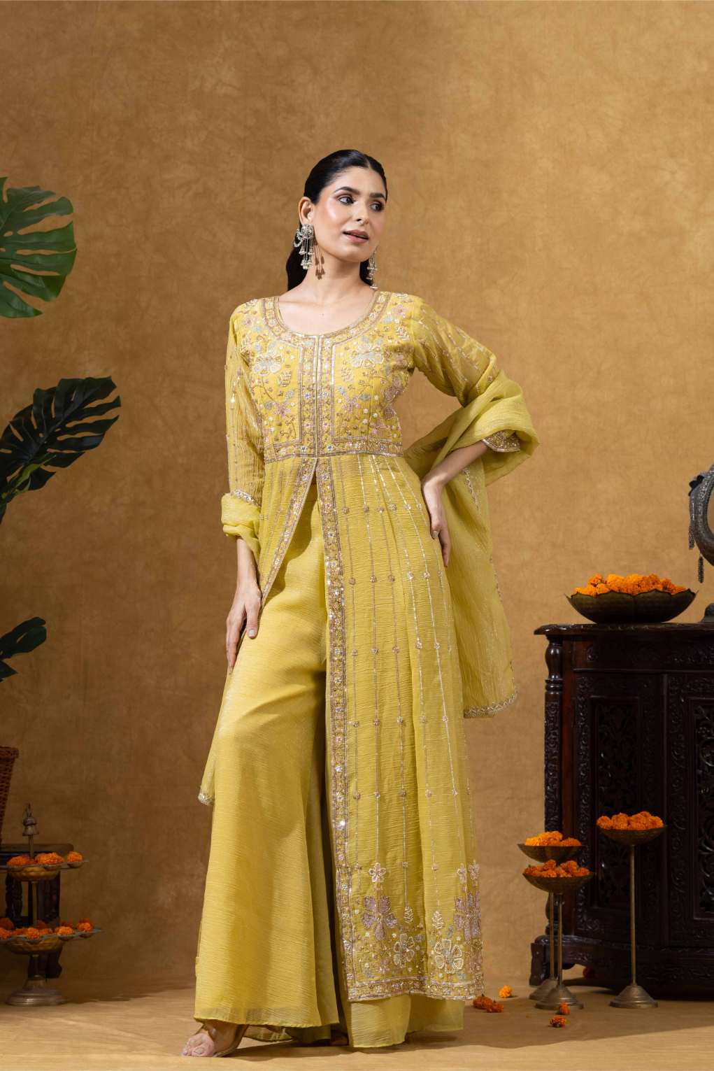 Golden Yellow Embroidered Anarkali Set with Pants & Dupatta
