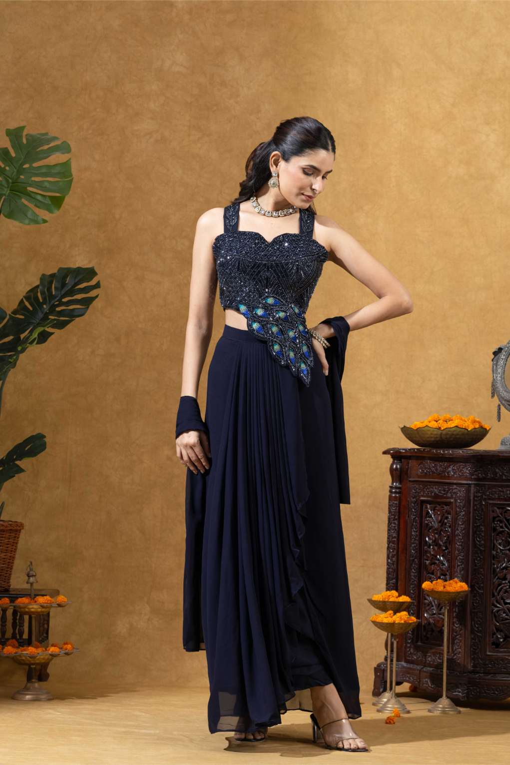 Blue Embellished Corset Draped Pleated Skirt Set
