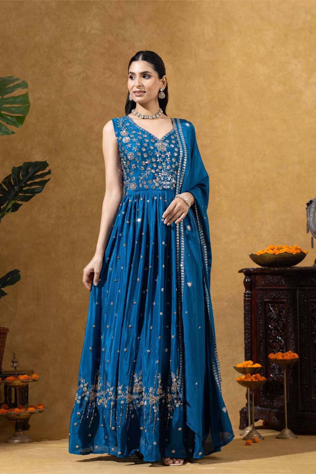 Blue Embellished Anarkali Set