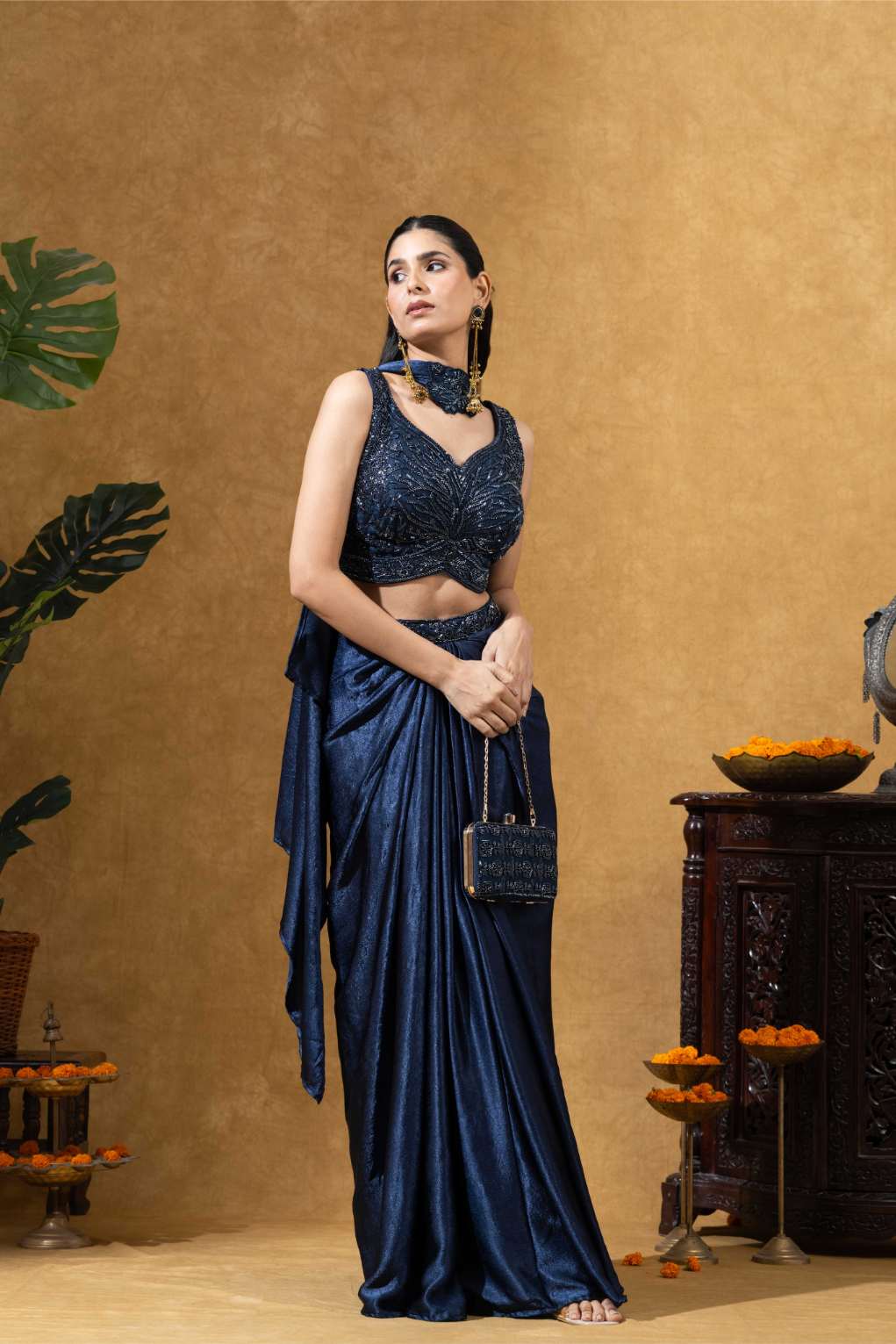 Midnight Blue Draped Skirt with Choker Dupatta Set