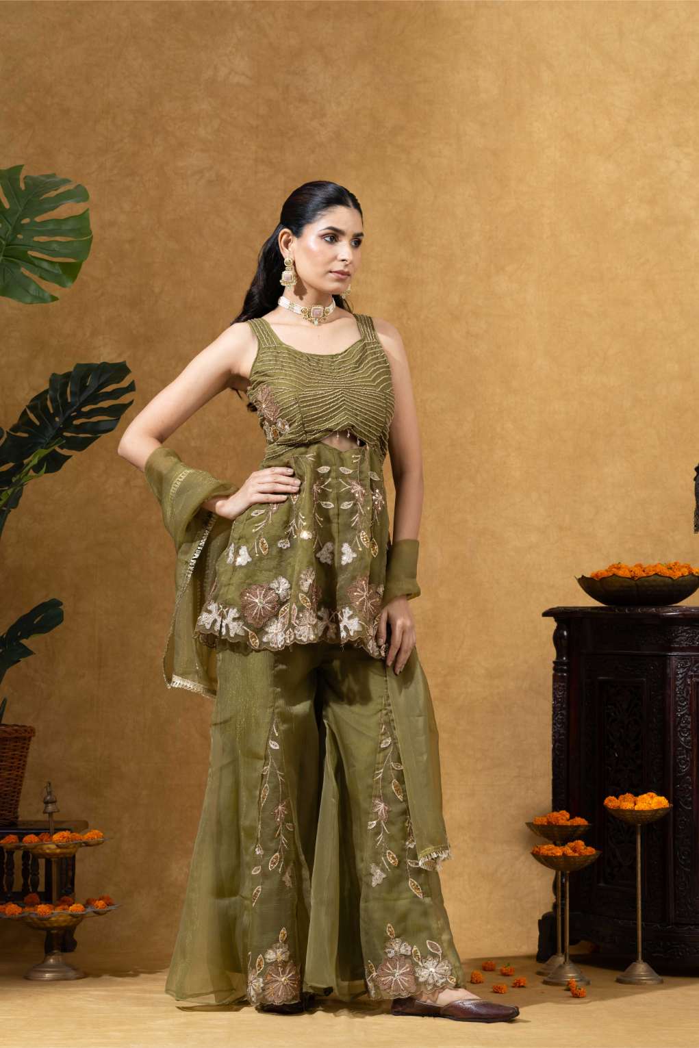 Embroidered Indo-Western Sharara Set in Olive Green
