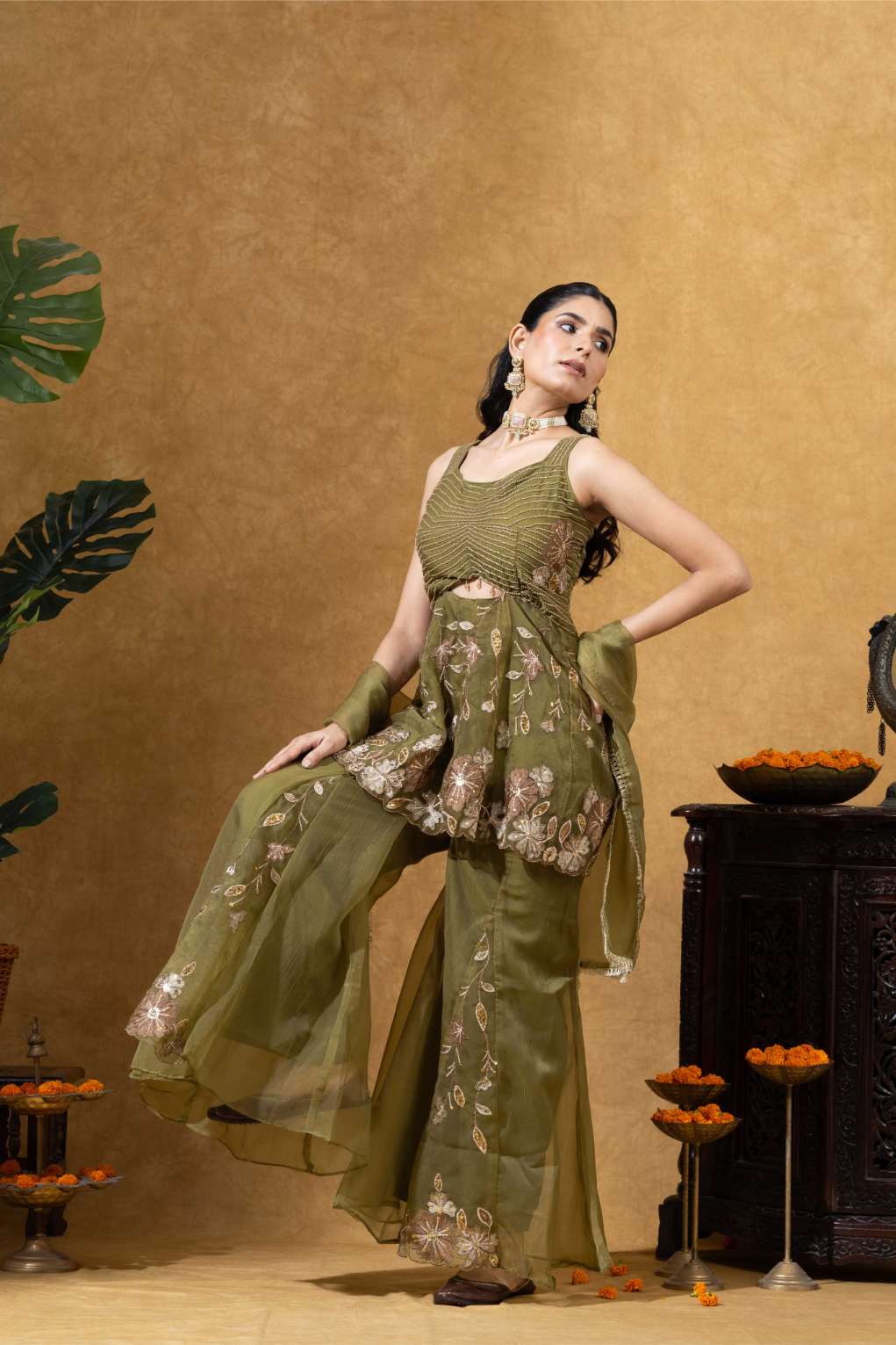 Embroidered Indo-Western Sharara Set in Olive Green