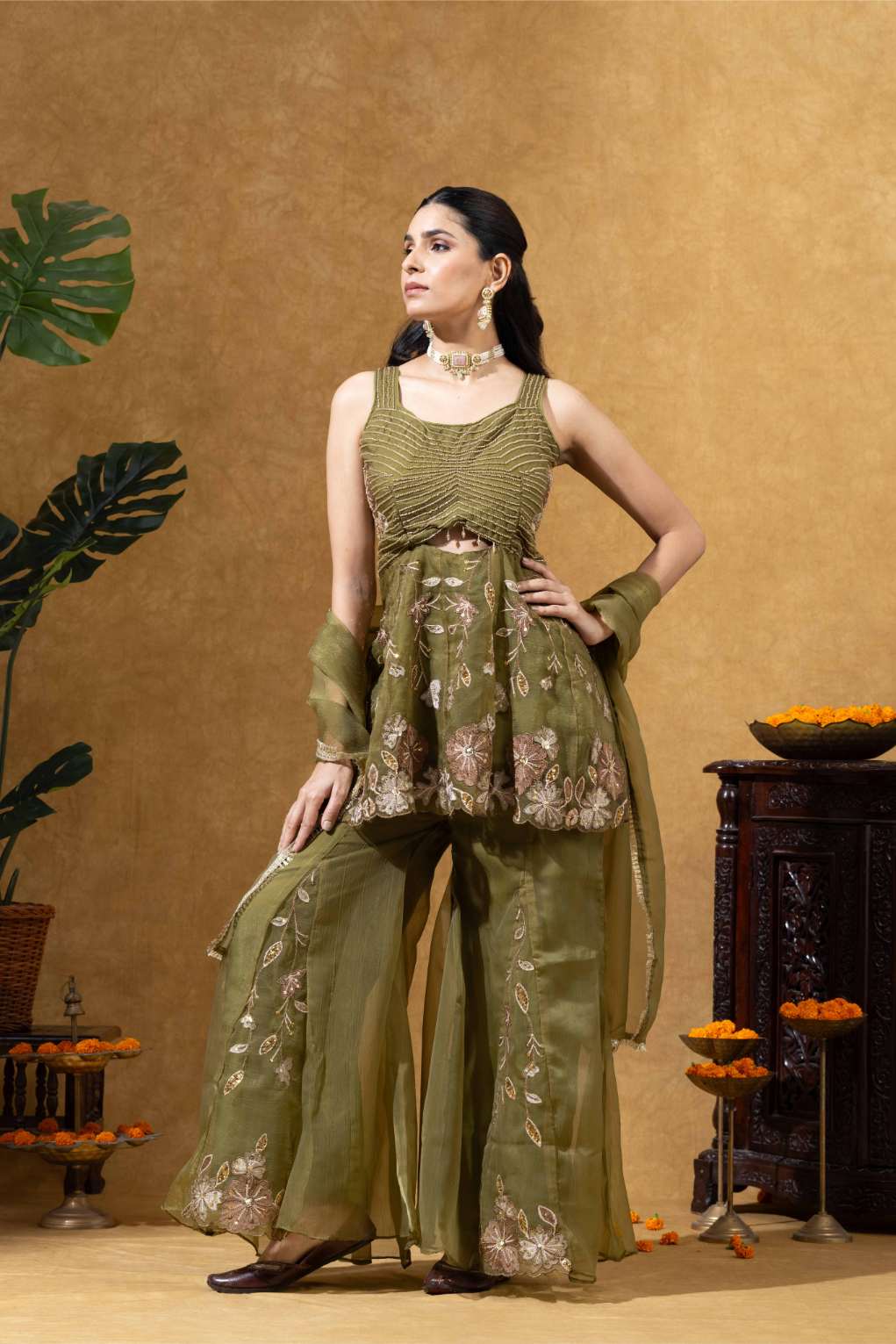 Embroidered Indo-Western Sharara Set in Olive Green