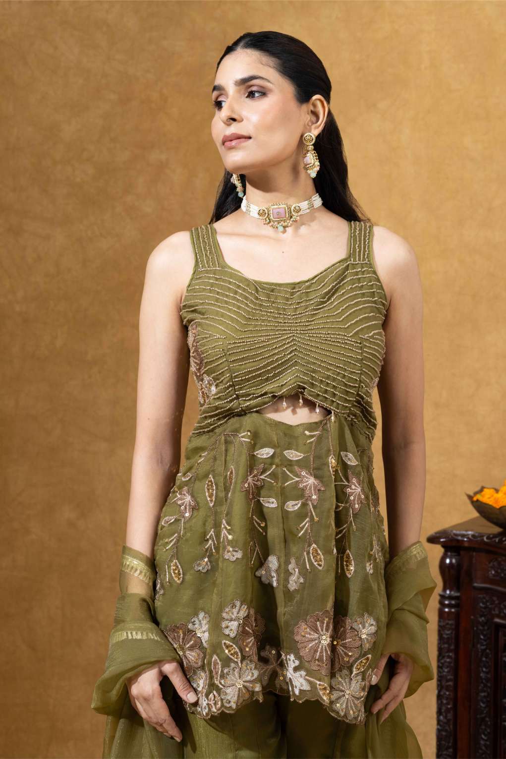 Embroidered Indo-Western Sharara Set in Olive Green