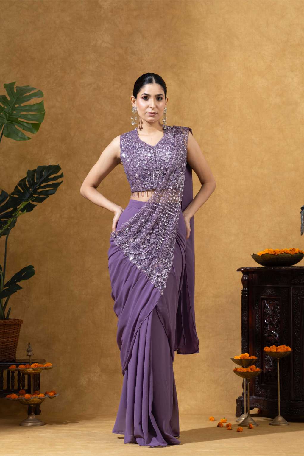 Embellished Draped Saree Set in Lavender