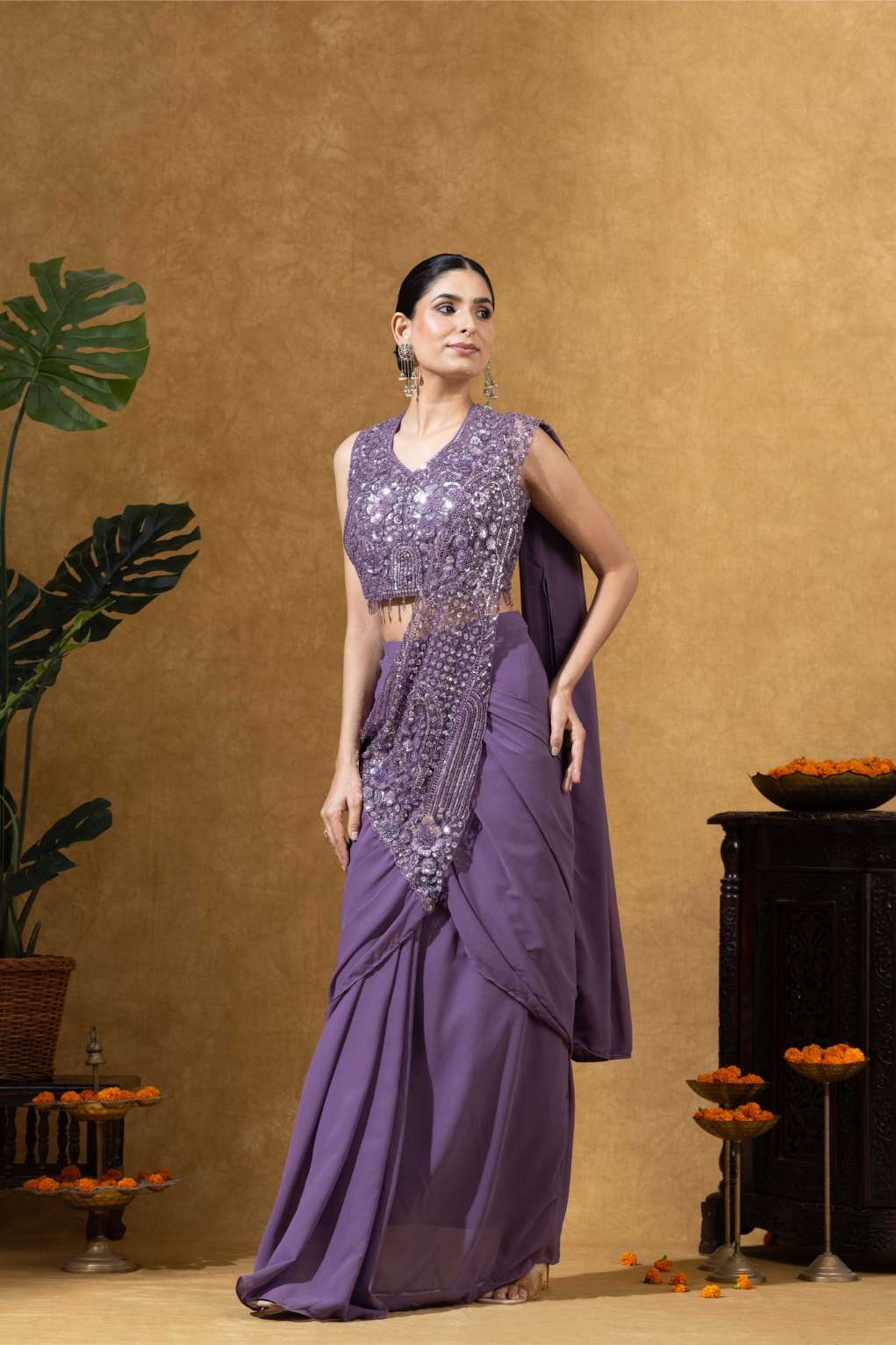 Embellished Draped Saree Set in Lavender