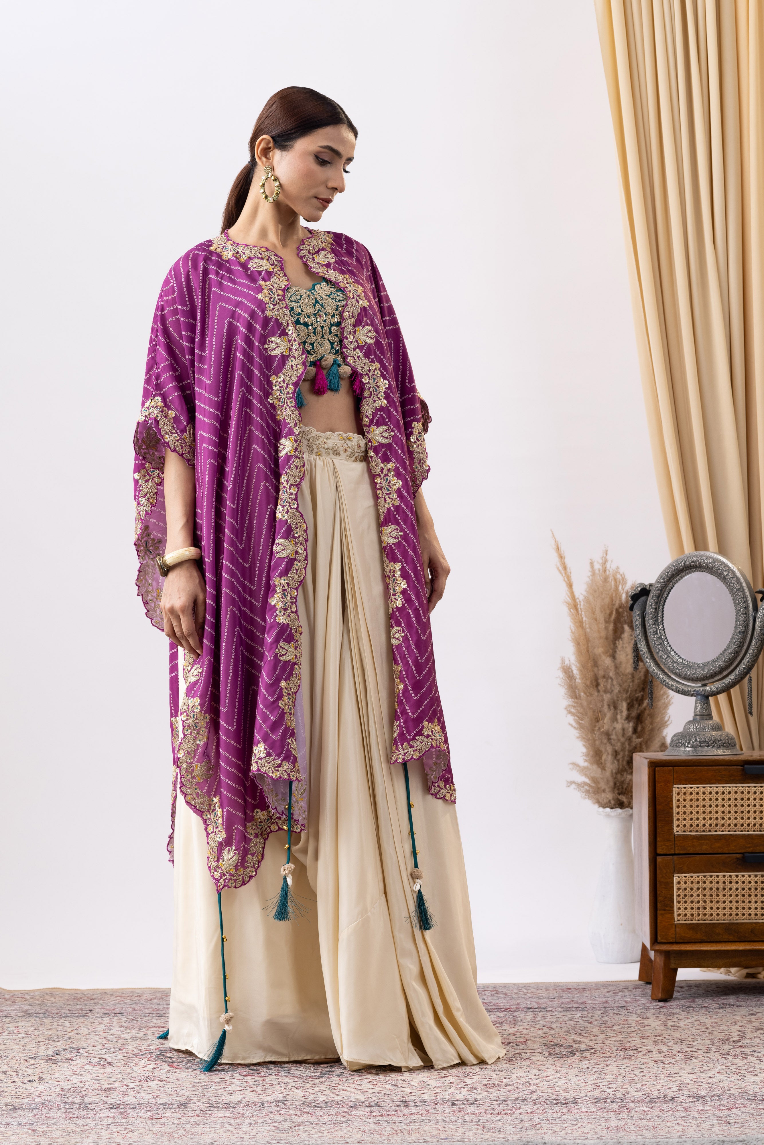 Blend of Ivory & Purple Cowl Skirt Set