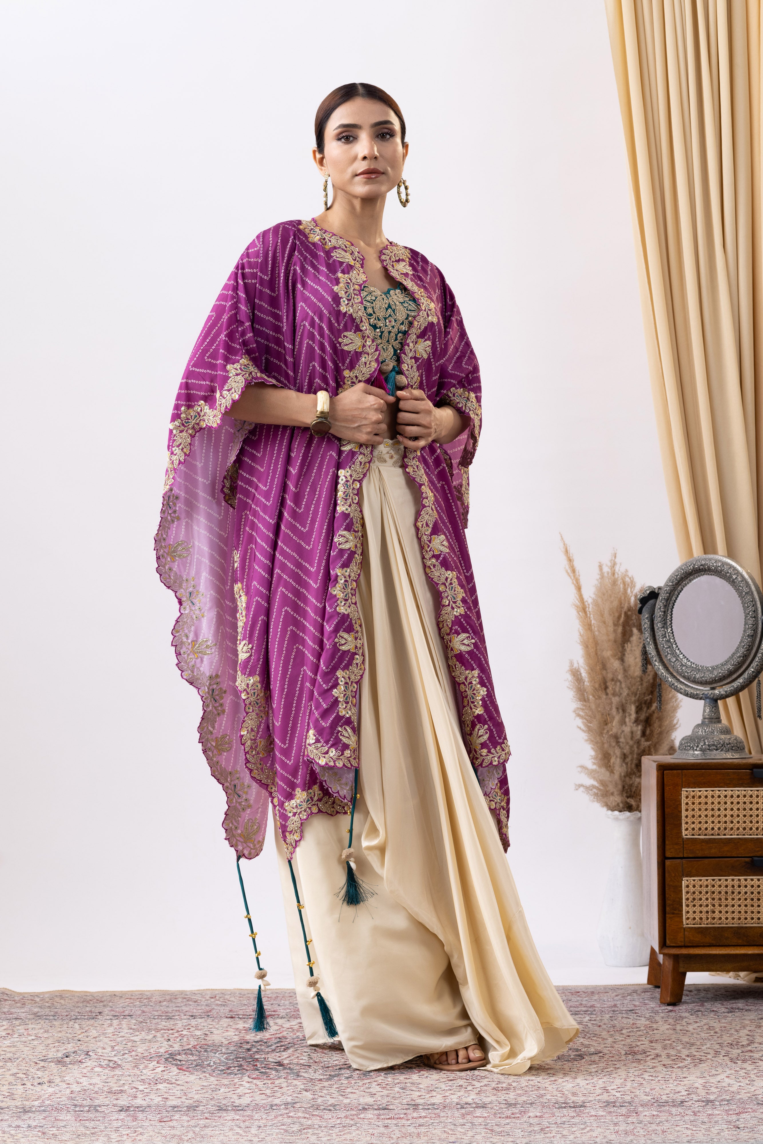 Blend of Ivory & Purple Cowl Skirt Set