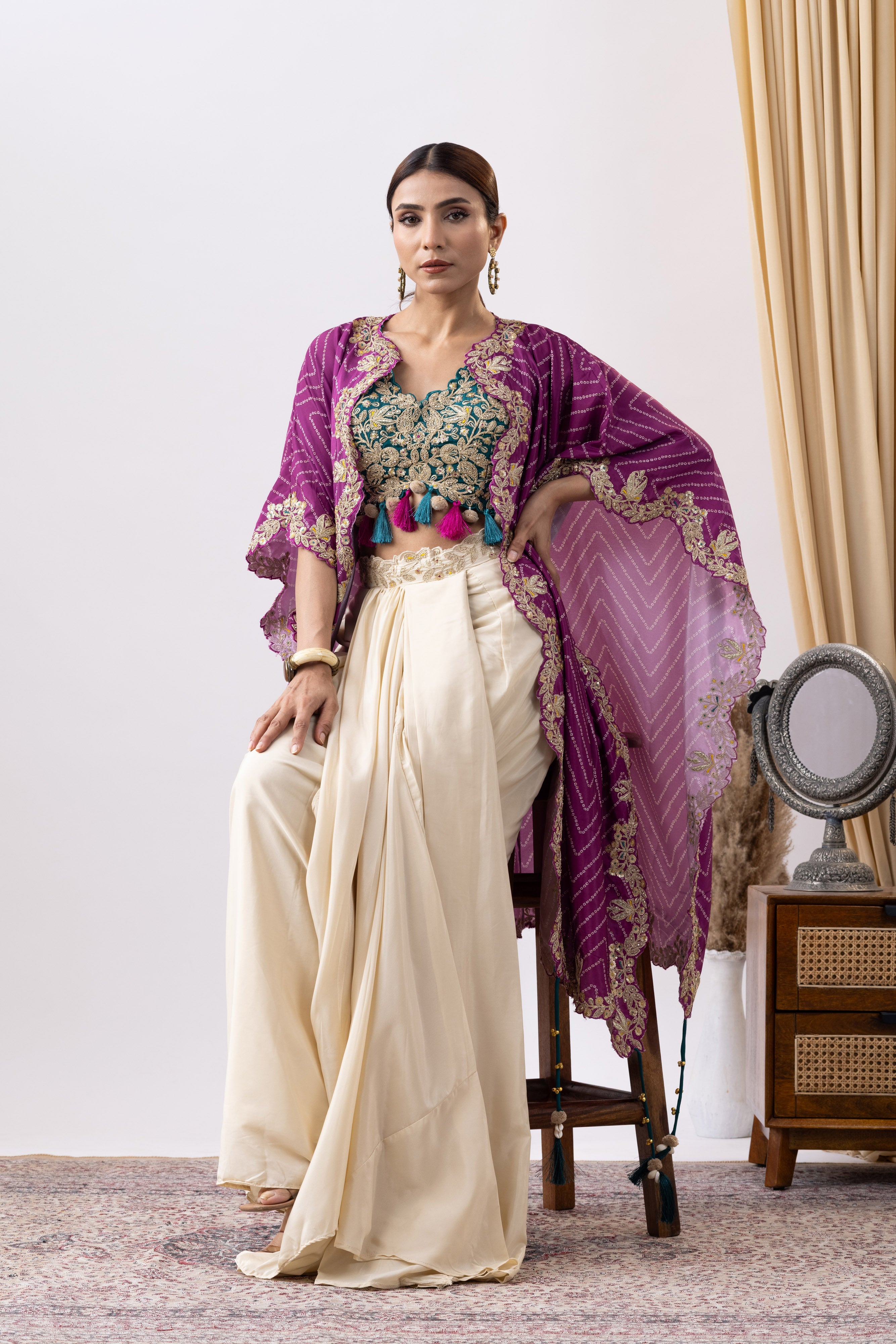 Blend of Ivory & Purple Cowl Skirt Set