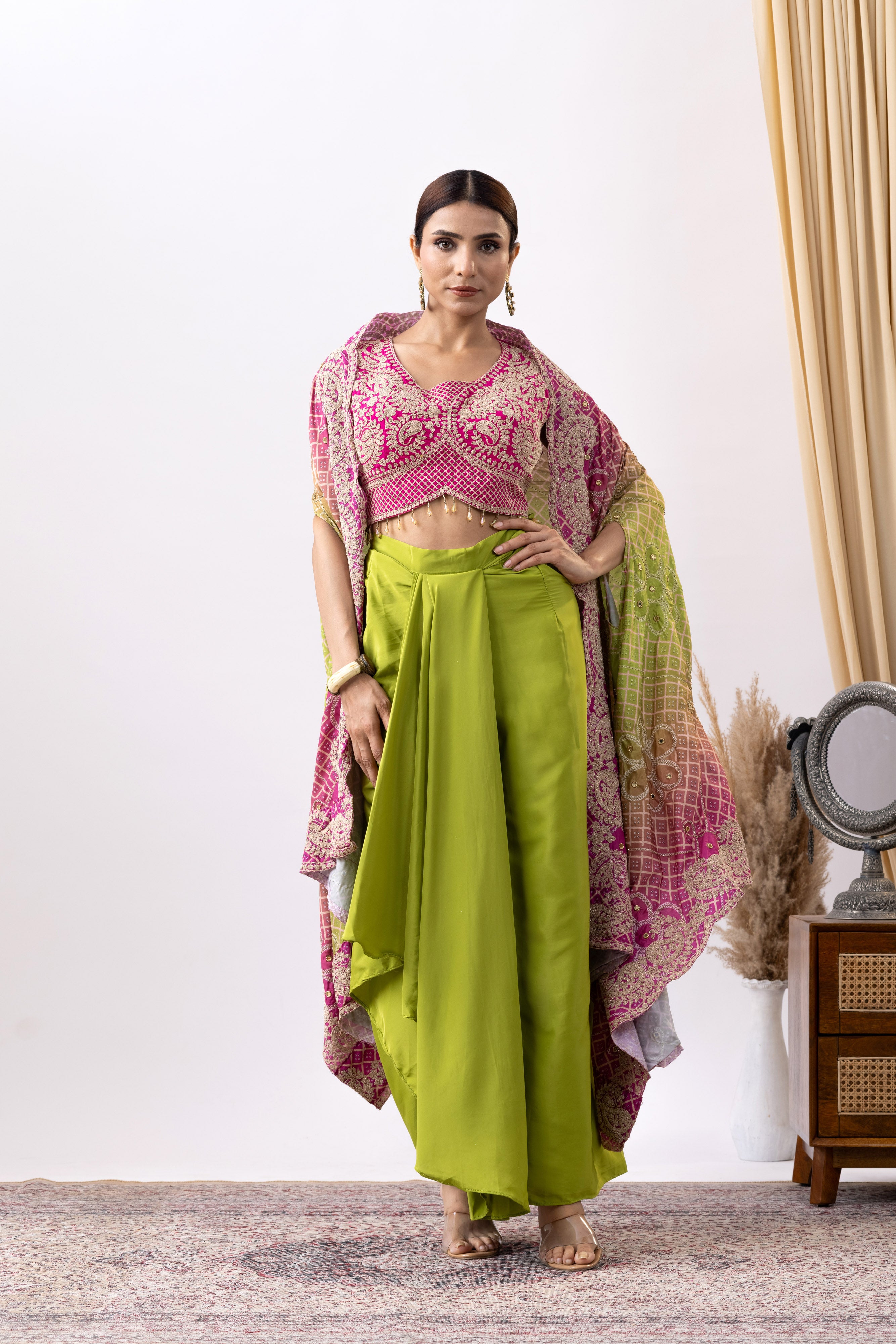 Green Crepe Skirt Set With Pink Zari Embroidered Blouse And Embroidered Dupatta