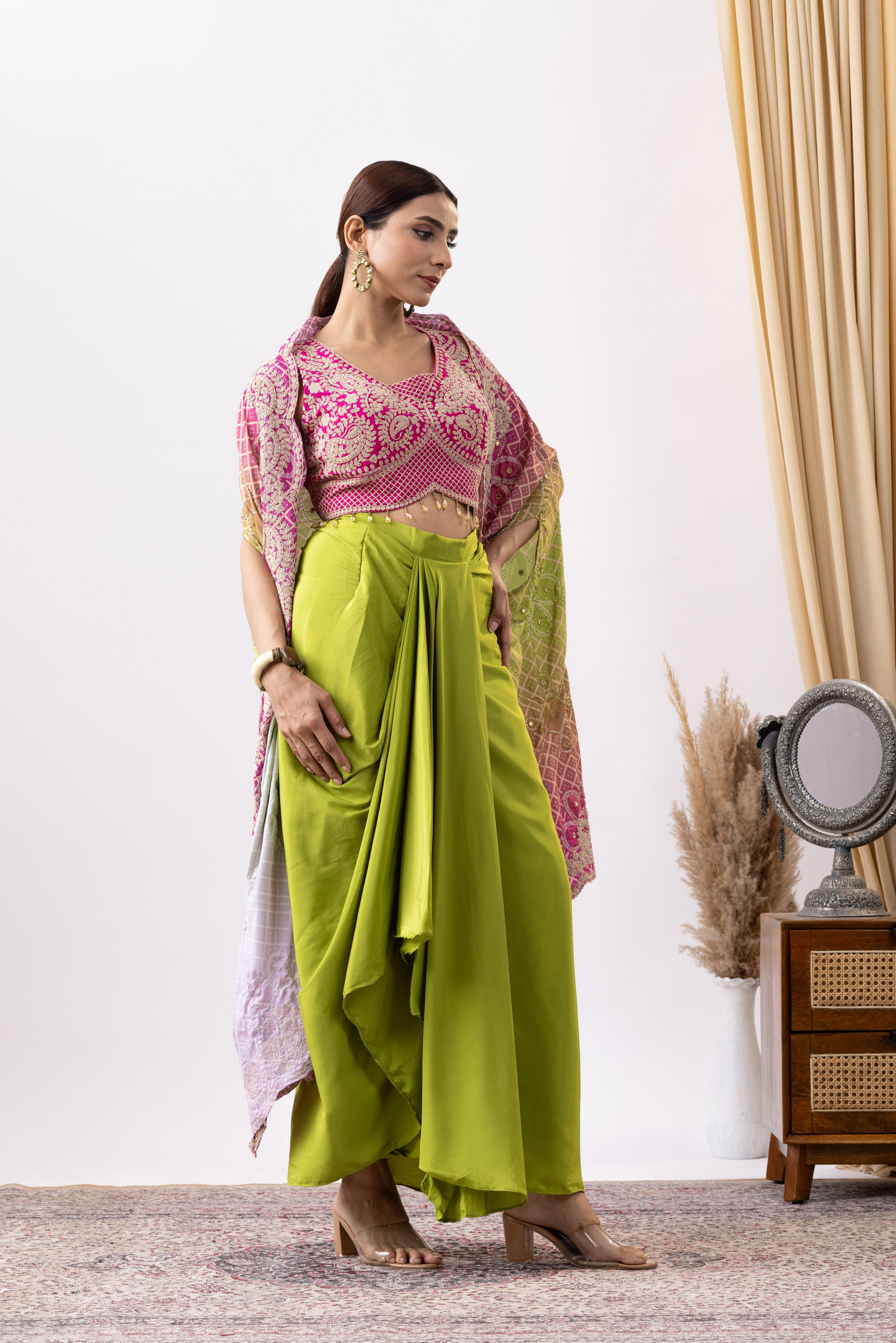 Green Crepe Skirt Set With Pink Zari Embroidered Blouse And Embroidered Dupatta