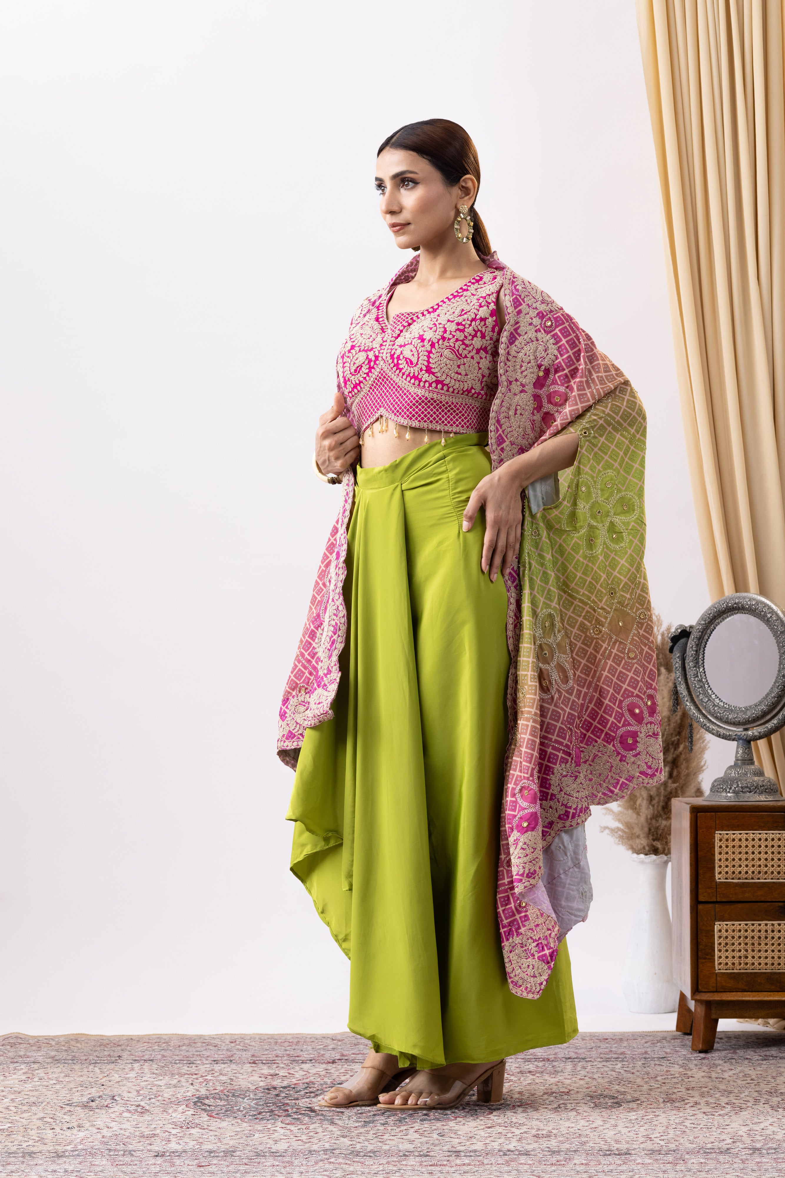 Green Crepe Skirt Set With Pink Zari Embroidered Blouse And Embroidered Dupatta