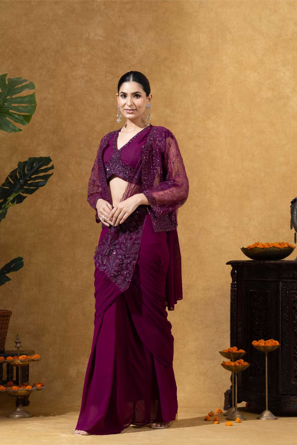 Embellished Draped Saree Set in Burgundy with Jacket