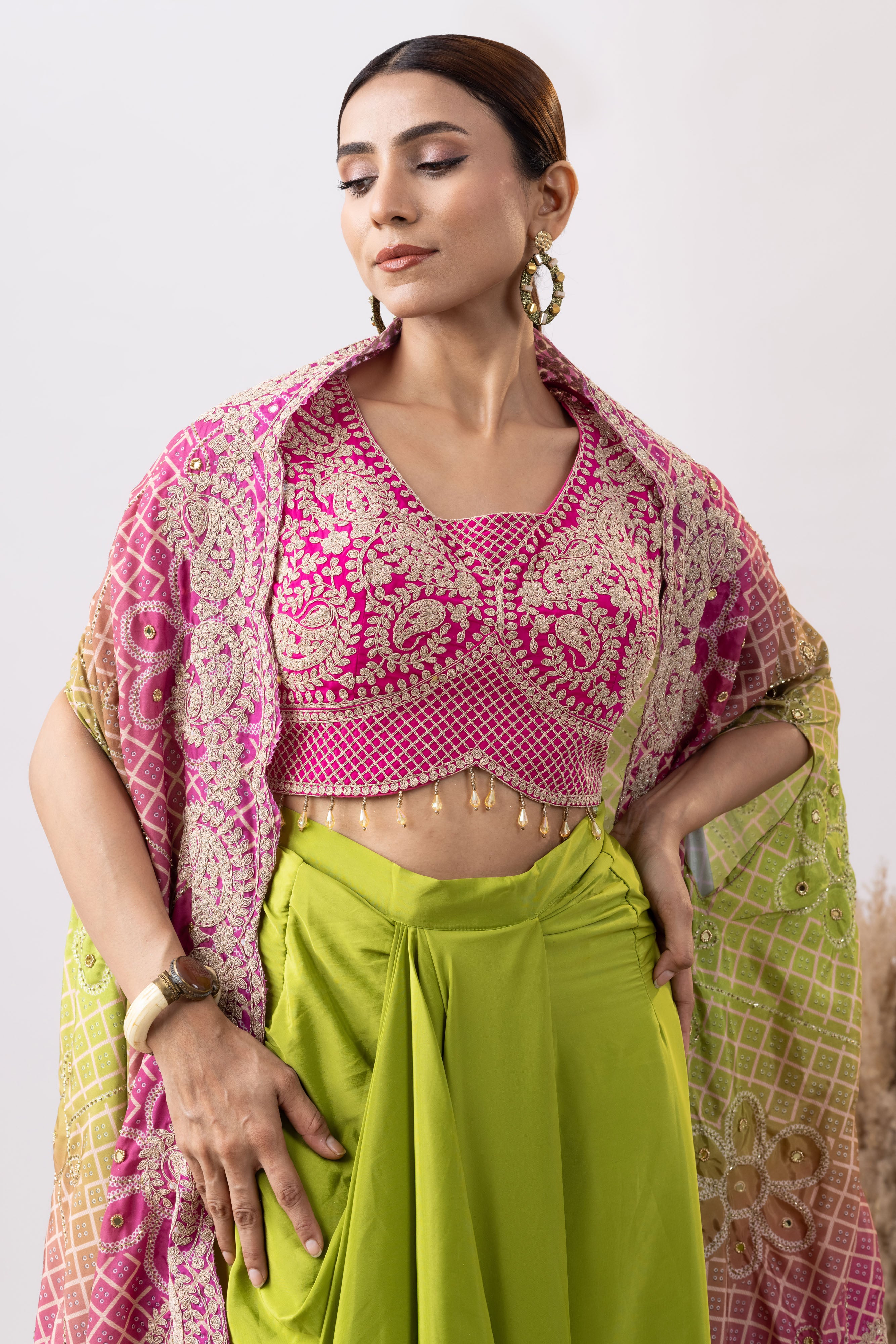 Green Crepe Skirt Set With Pink Zari Embroidered Blouse And Embroidered Dupatta