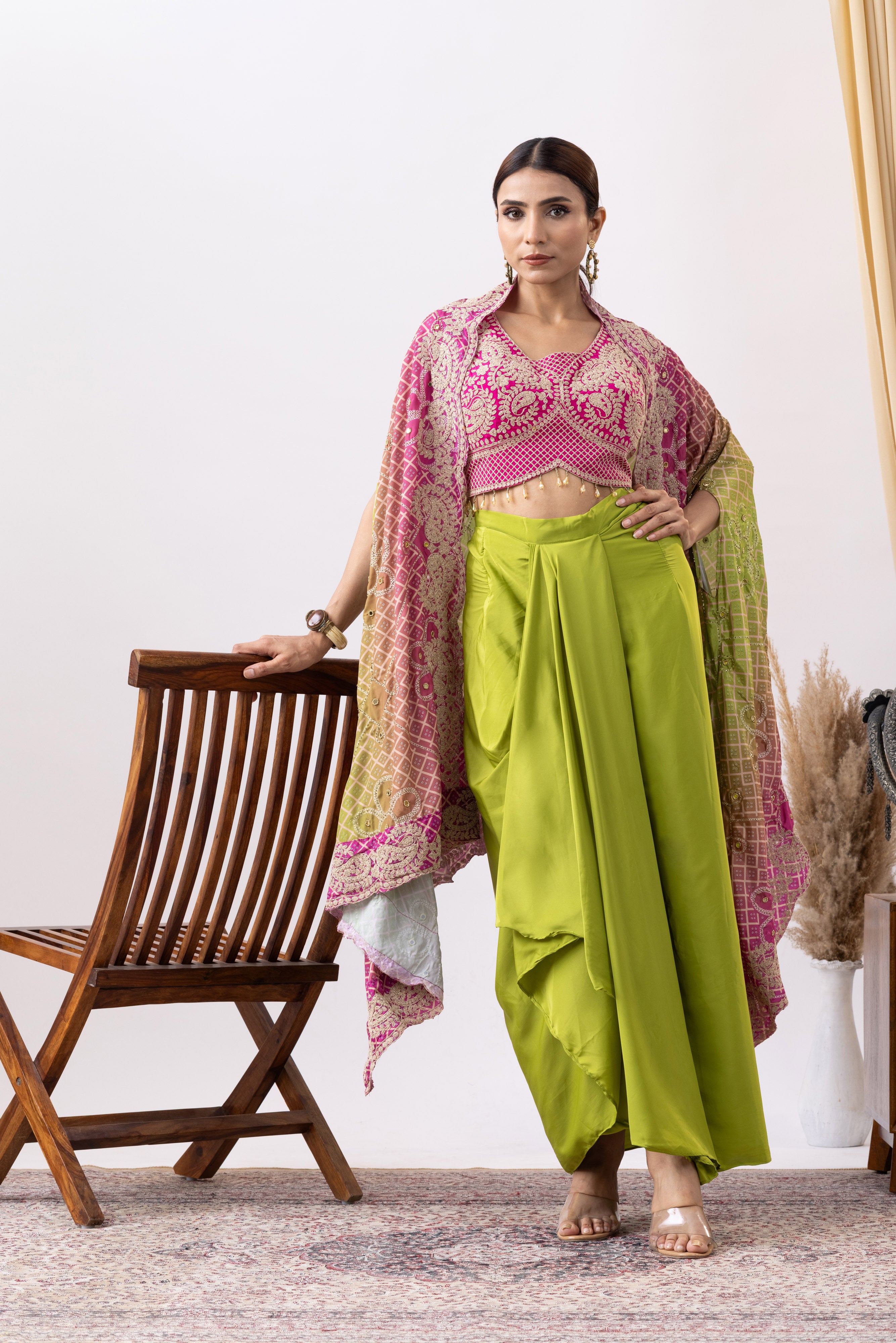 Green Crepe Skirt Set With Pink Zari Embroidered Blouse And Embroidered Dupatta
