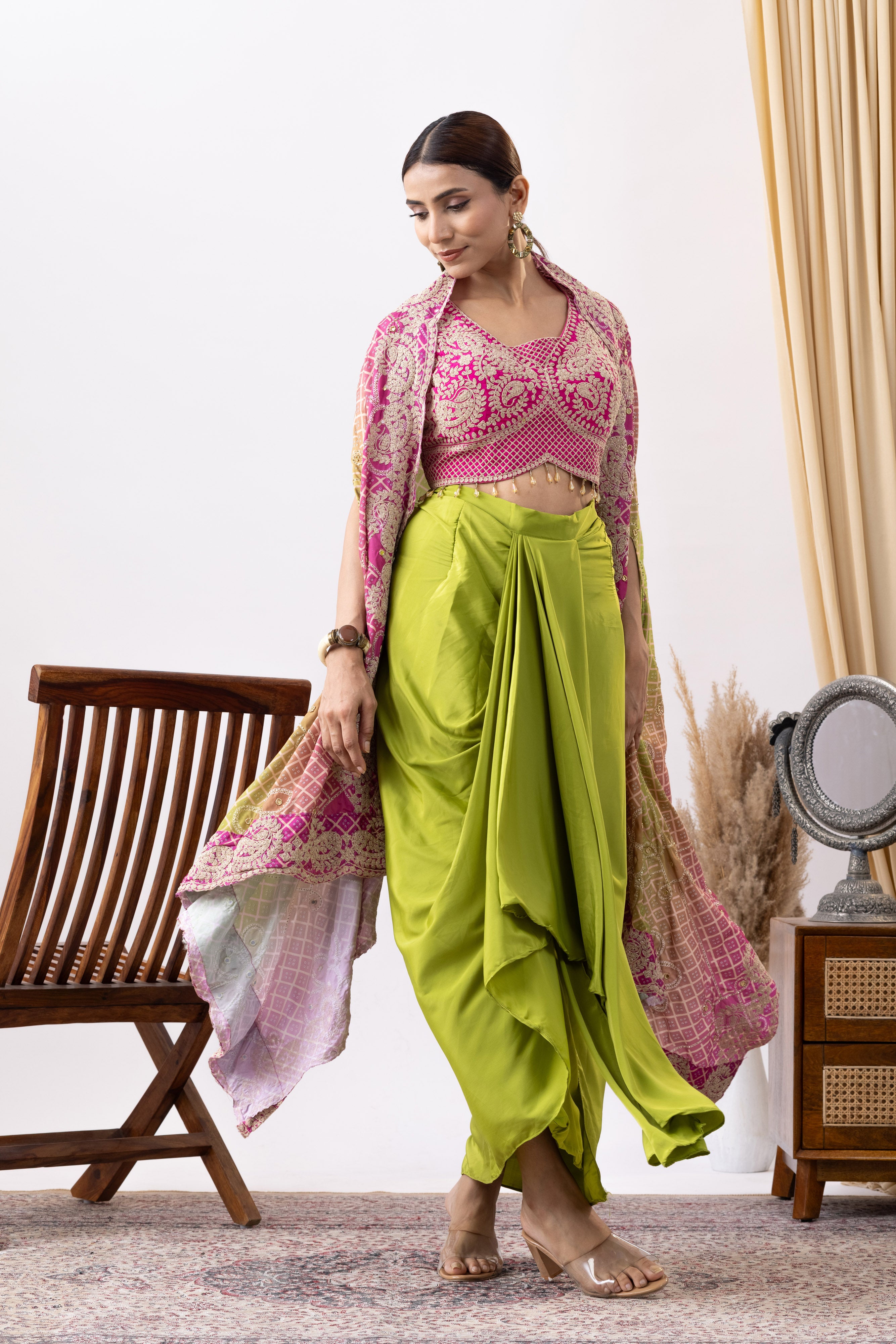 Green Crepe Skirt Set With Pink Zari Embroidered Blouse And Embroidered Dupatta