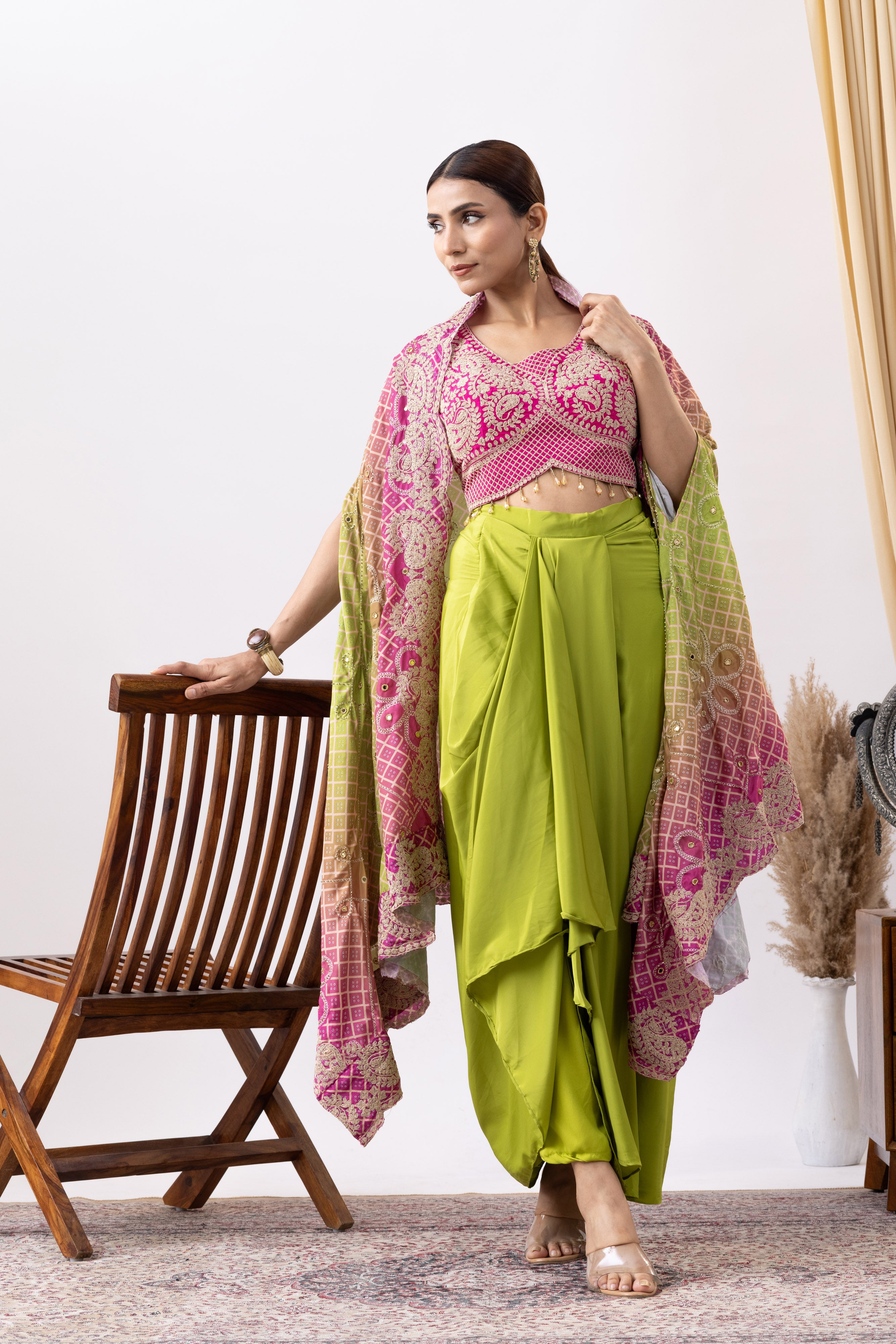 Green Crepe Skirt Set With Pink Zari Embroidered Blouse And Embroidered Dupatta