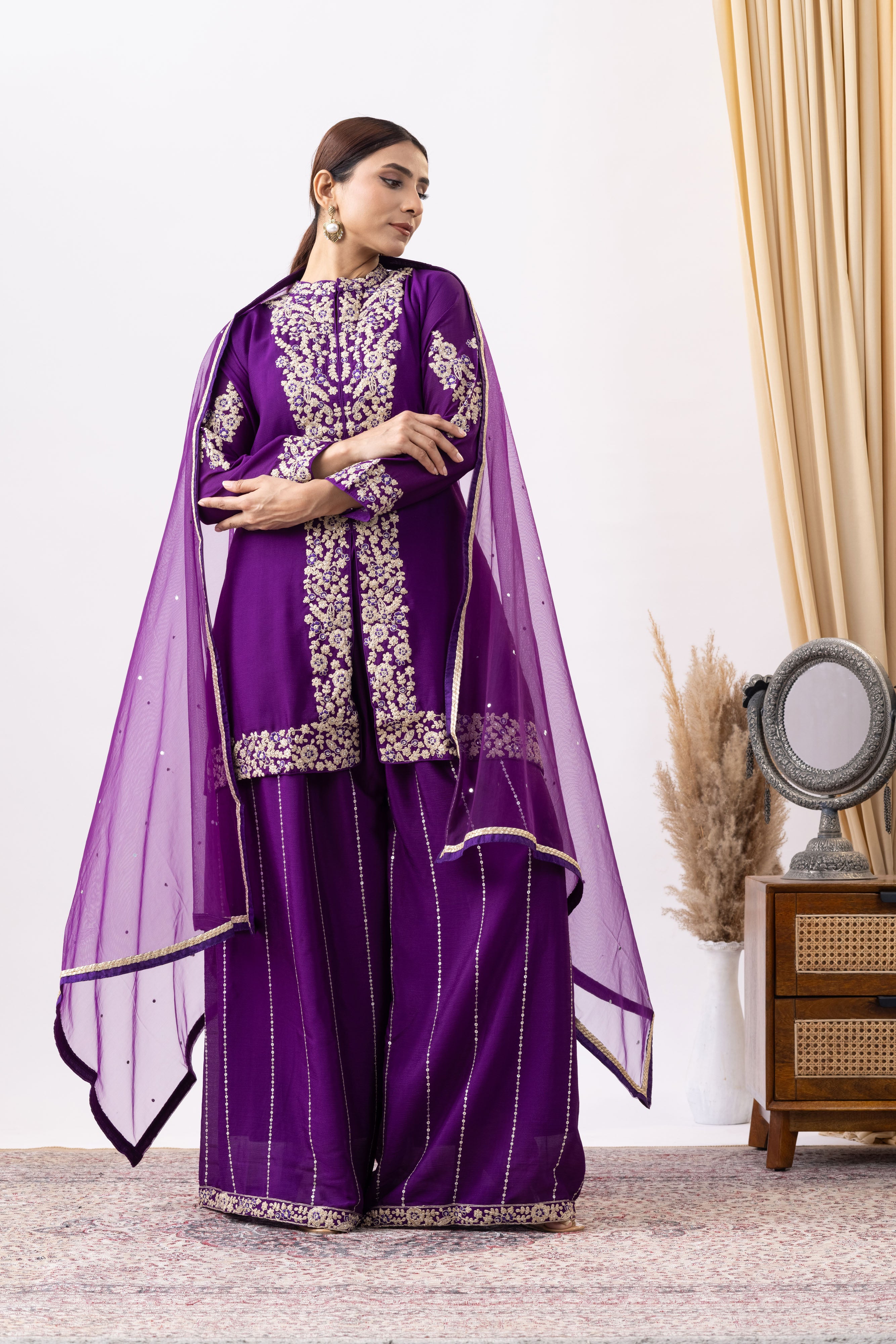Purple Embroidered Sharara Set