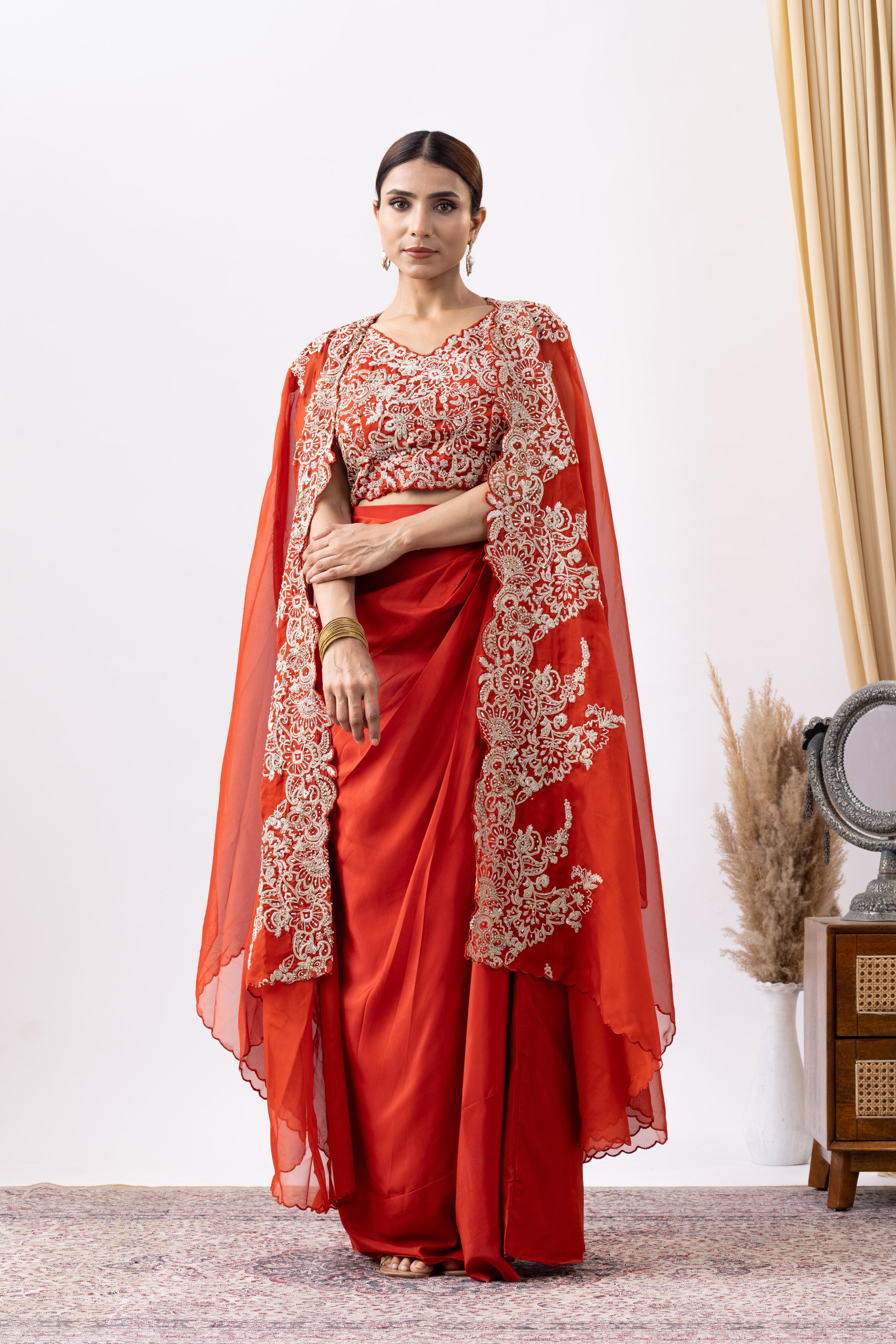 Orange Crepe Draped set with Embroidered Cape