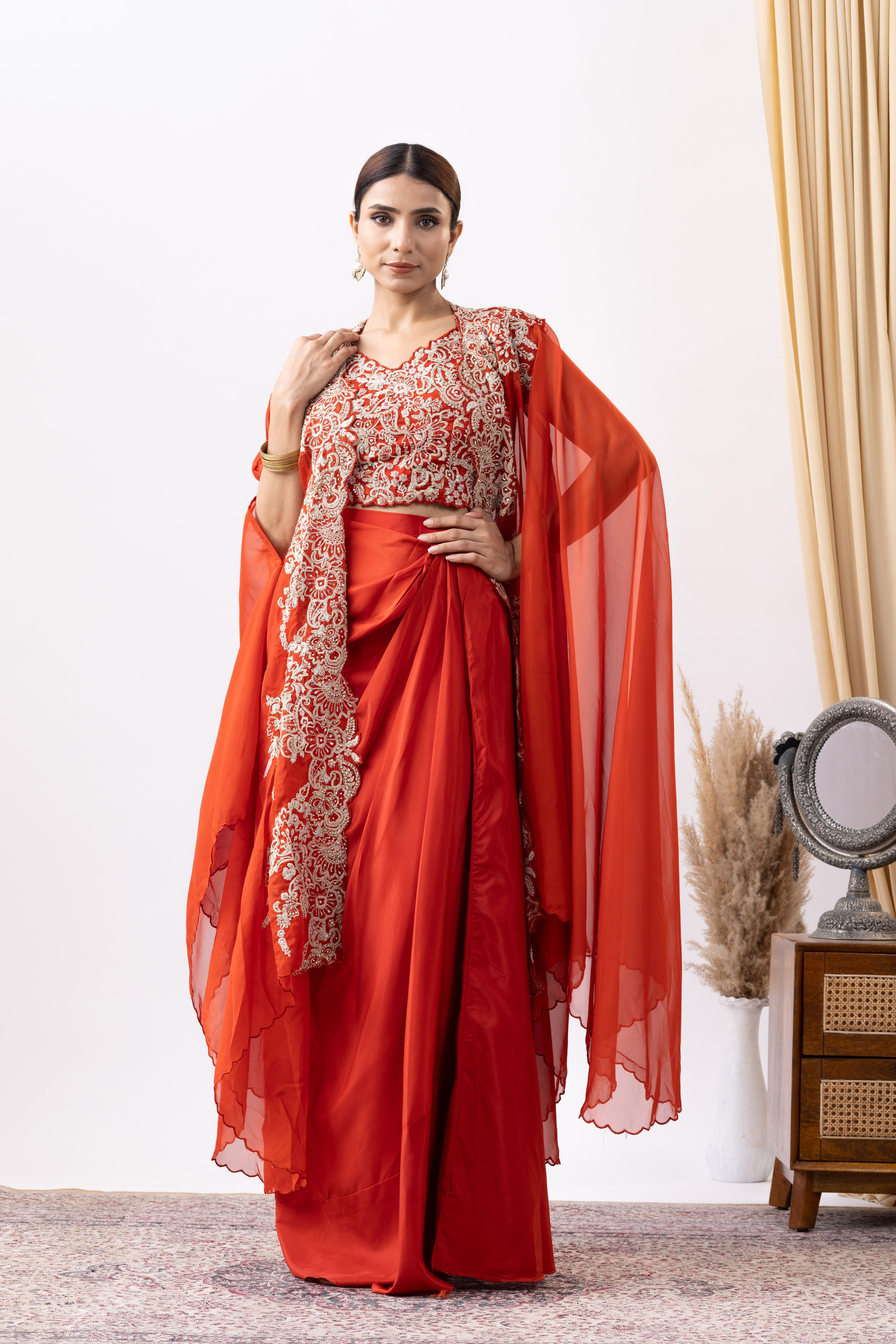Orange Crepe Draped set with Embroidered Cape