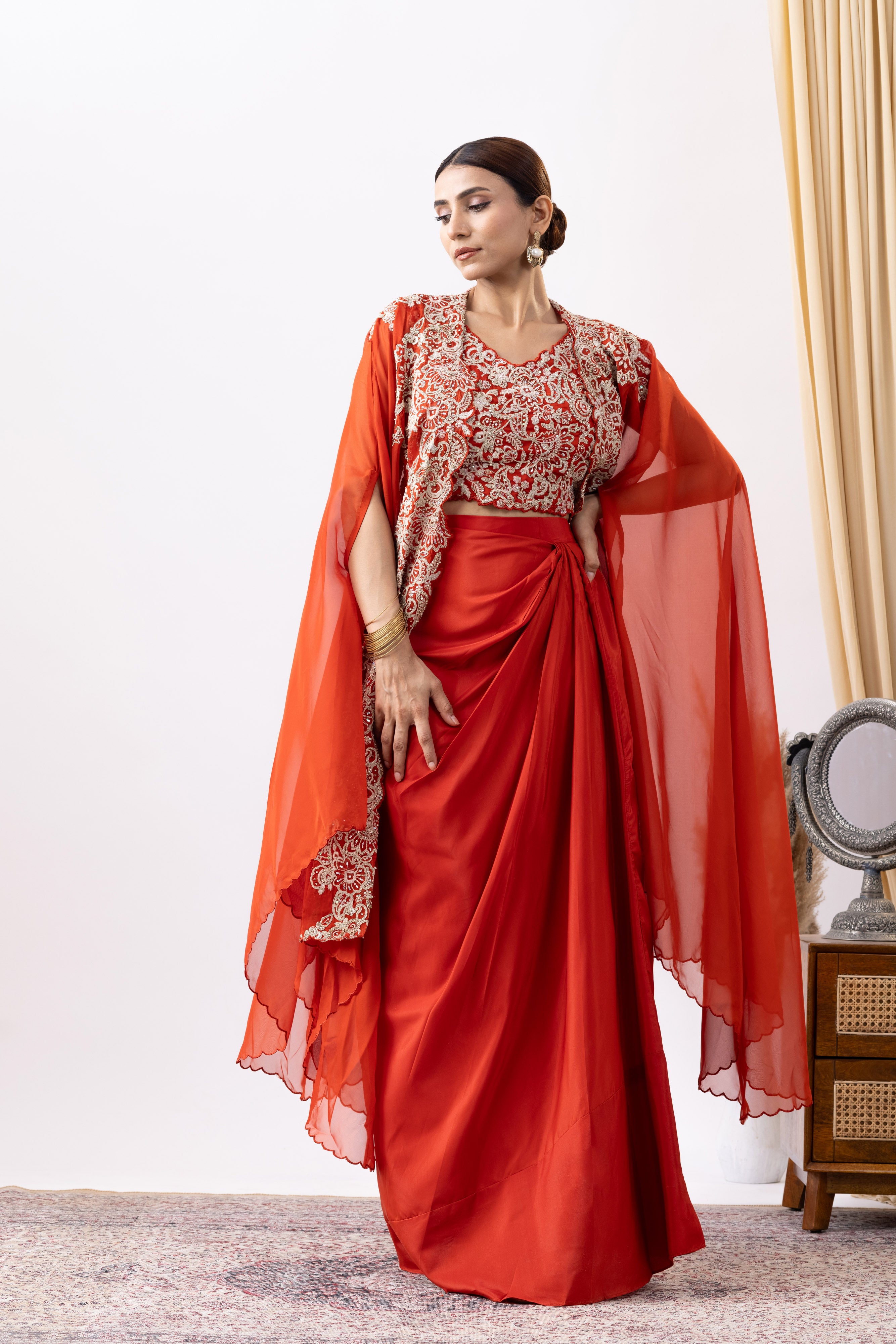 Orange Crepe Draped set with Embroidered Cape