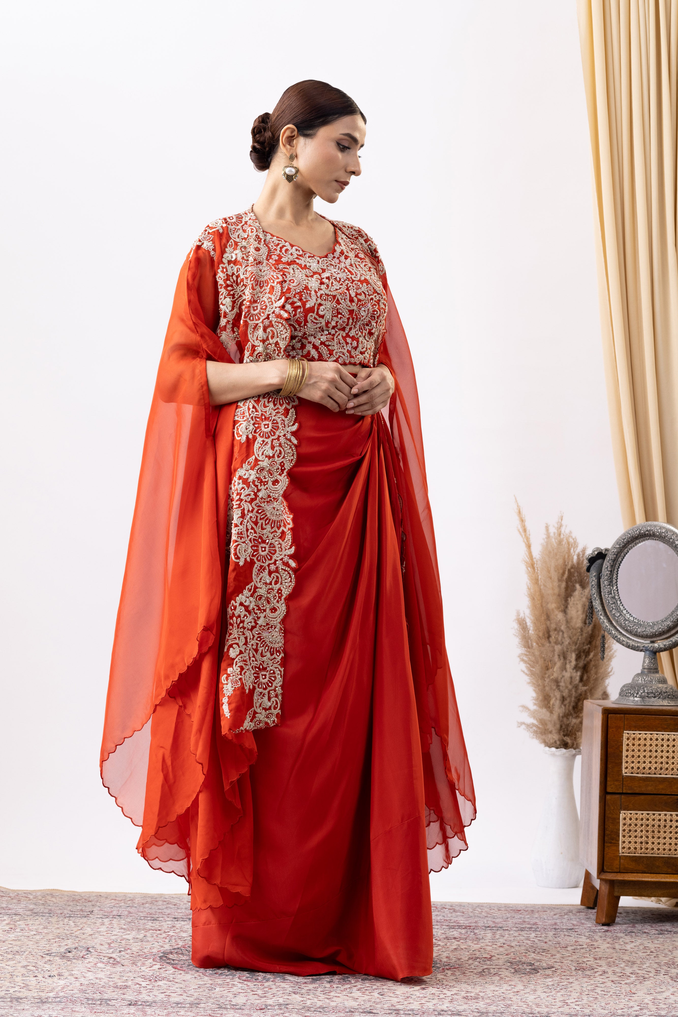 Orange Crepe Draped set with Embroidered Cape