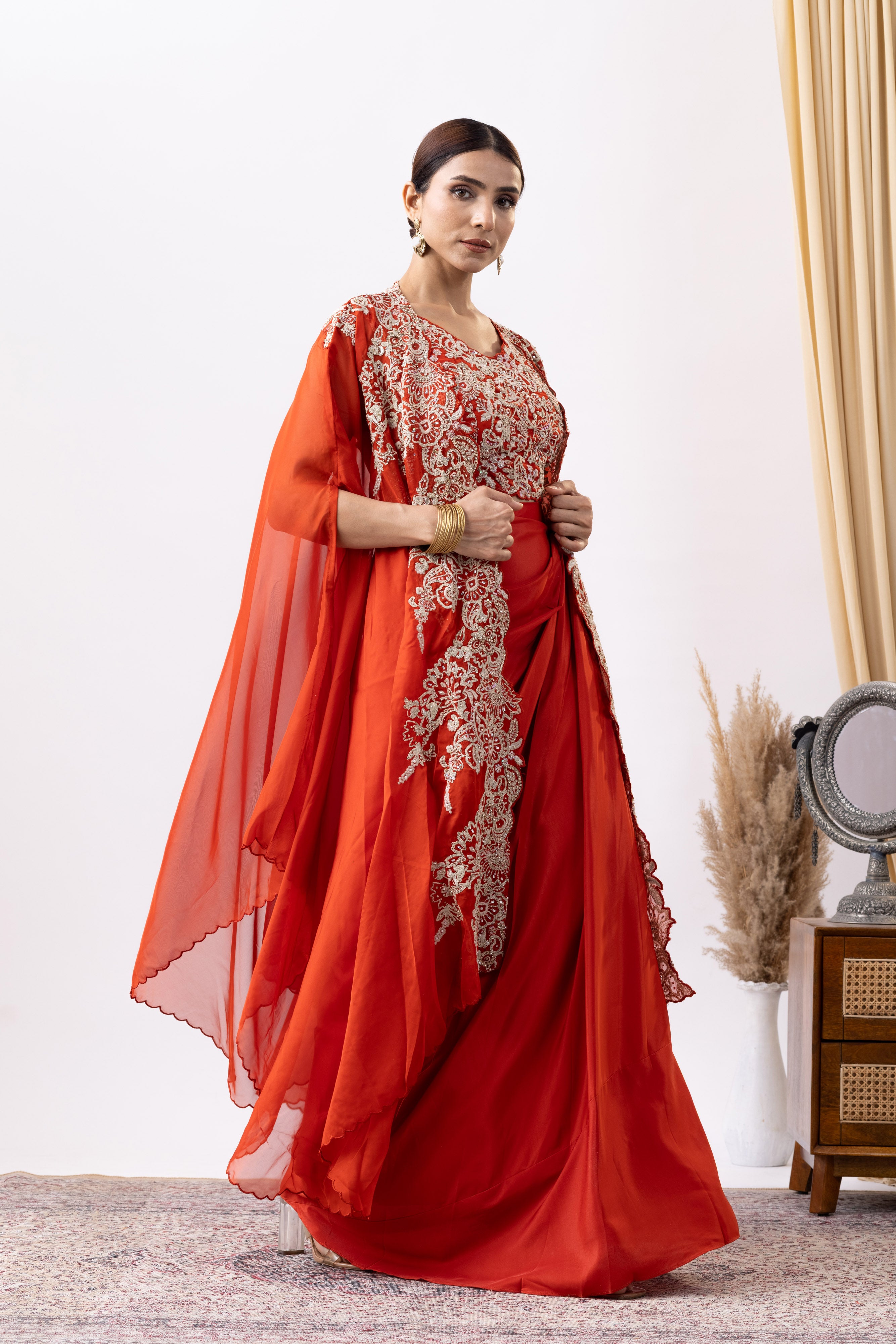 Orange Crepe Draped set with Embroidered Cape