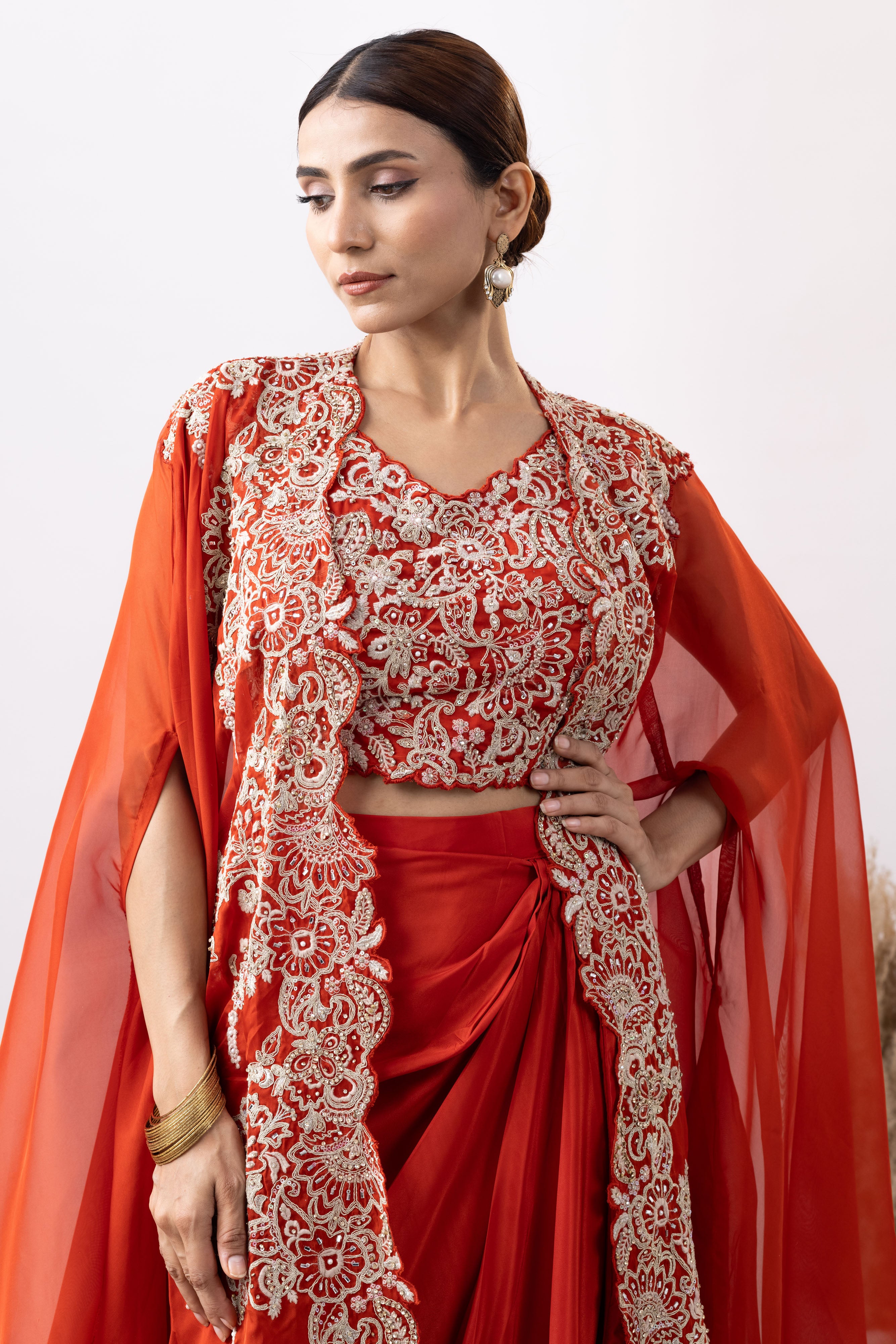 Orange Crepe Draped set with Embroidered Cape