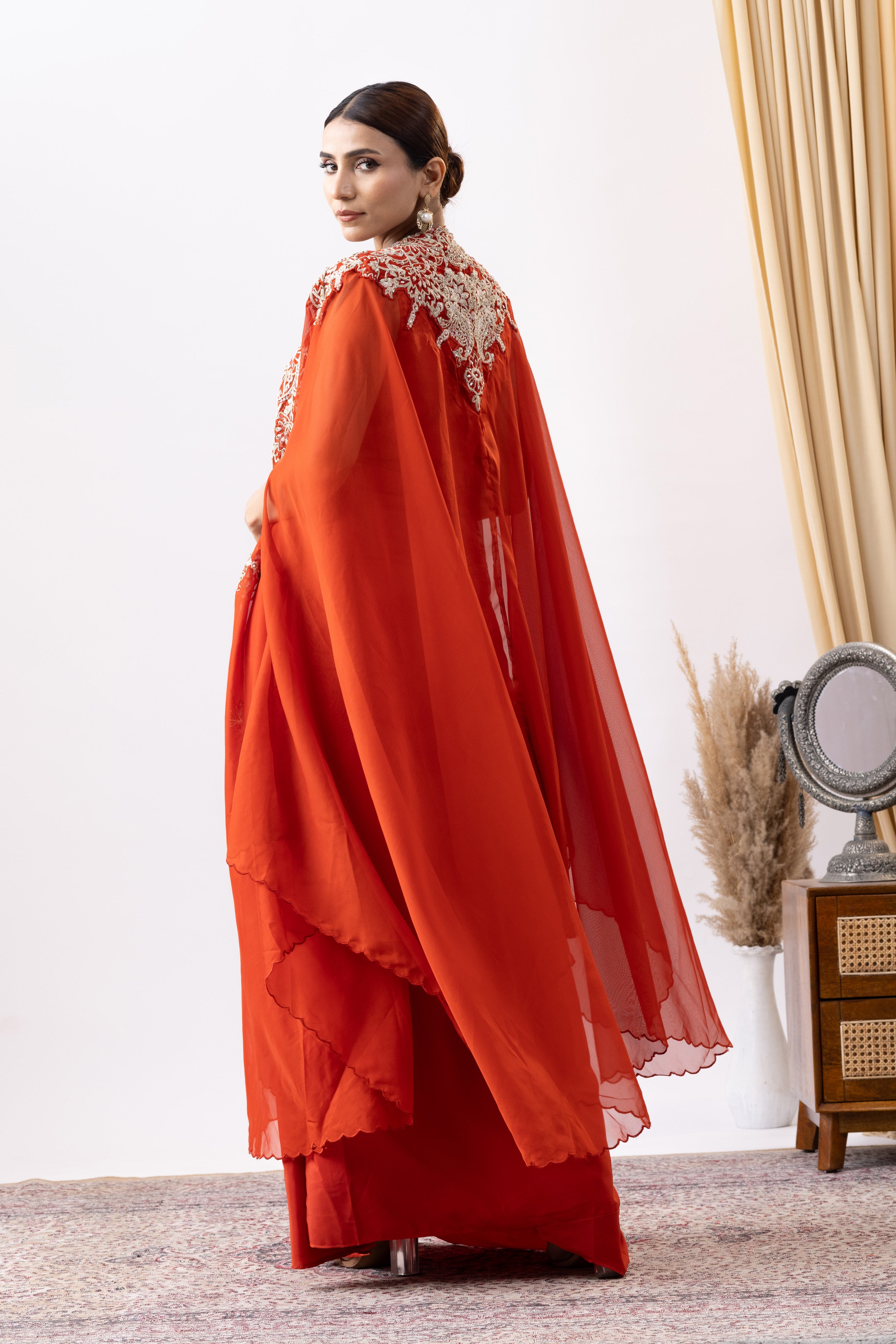 Orange Crepe Draped set with Embroidered Cape