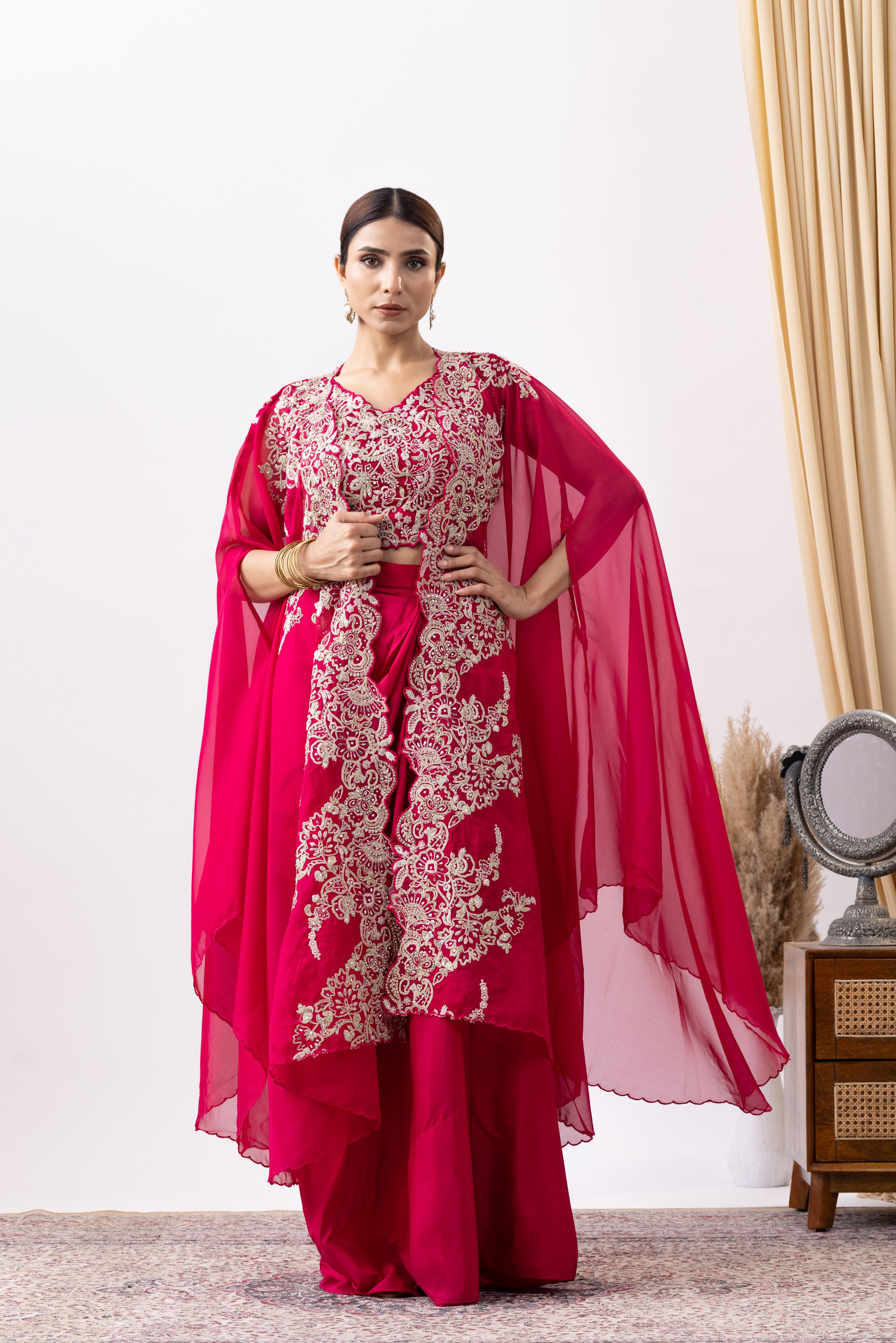 Magenta Pink Crepe Draped Set with Embroidered Cape