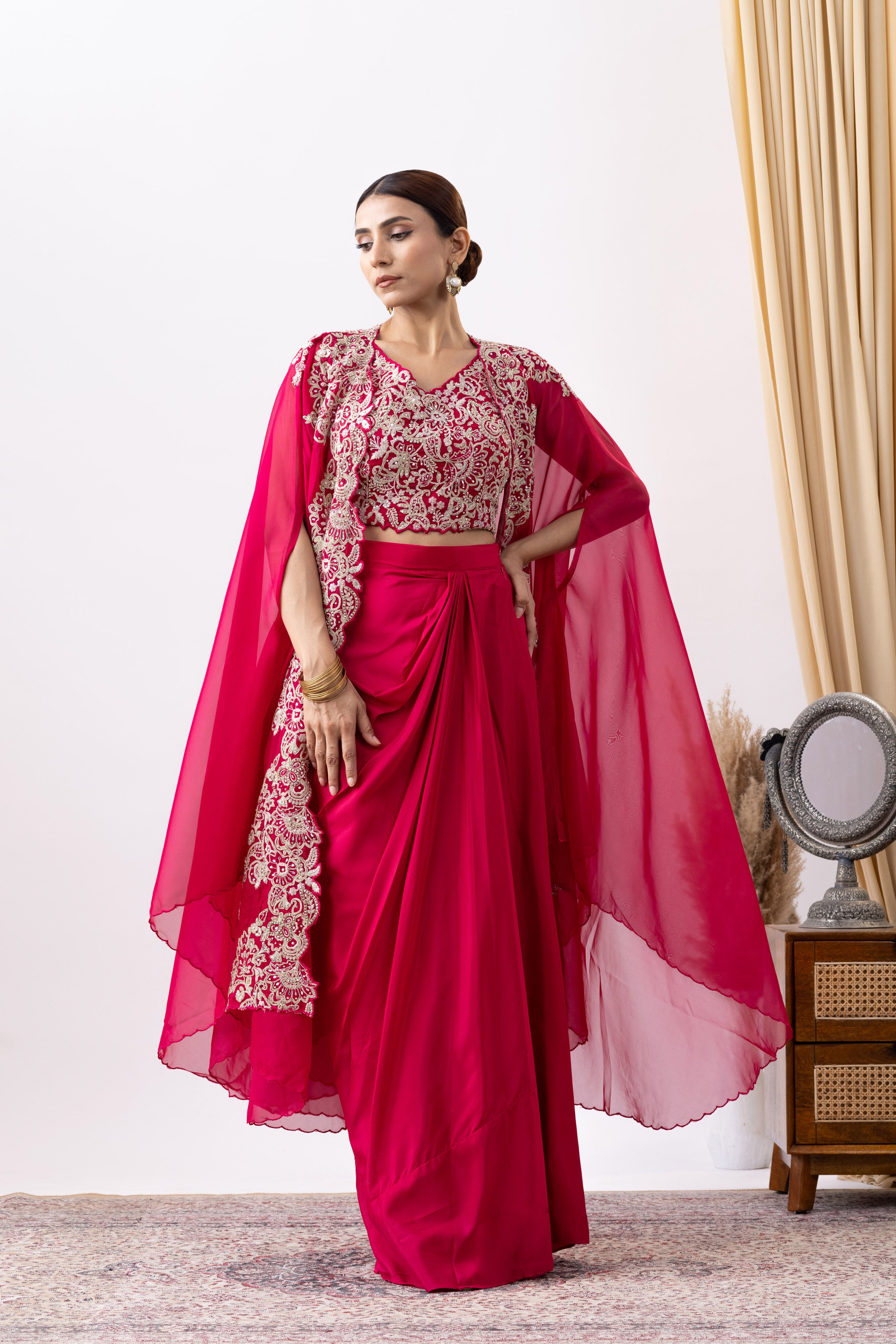 Magenta Pink Crepe Draped Set with Embroidered Cape