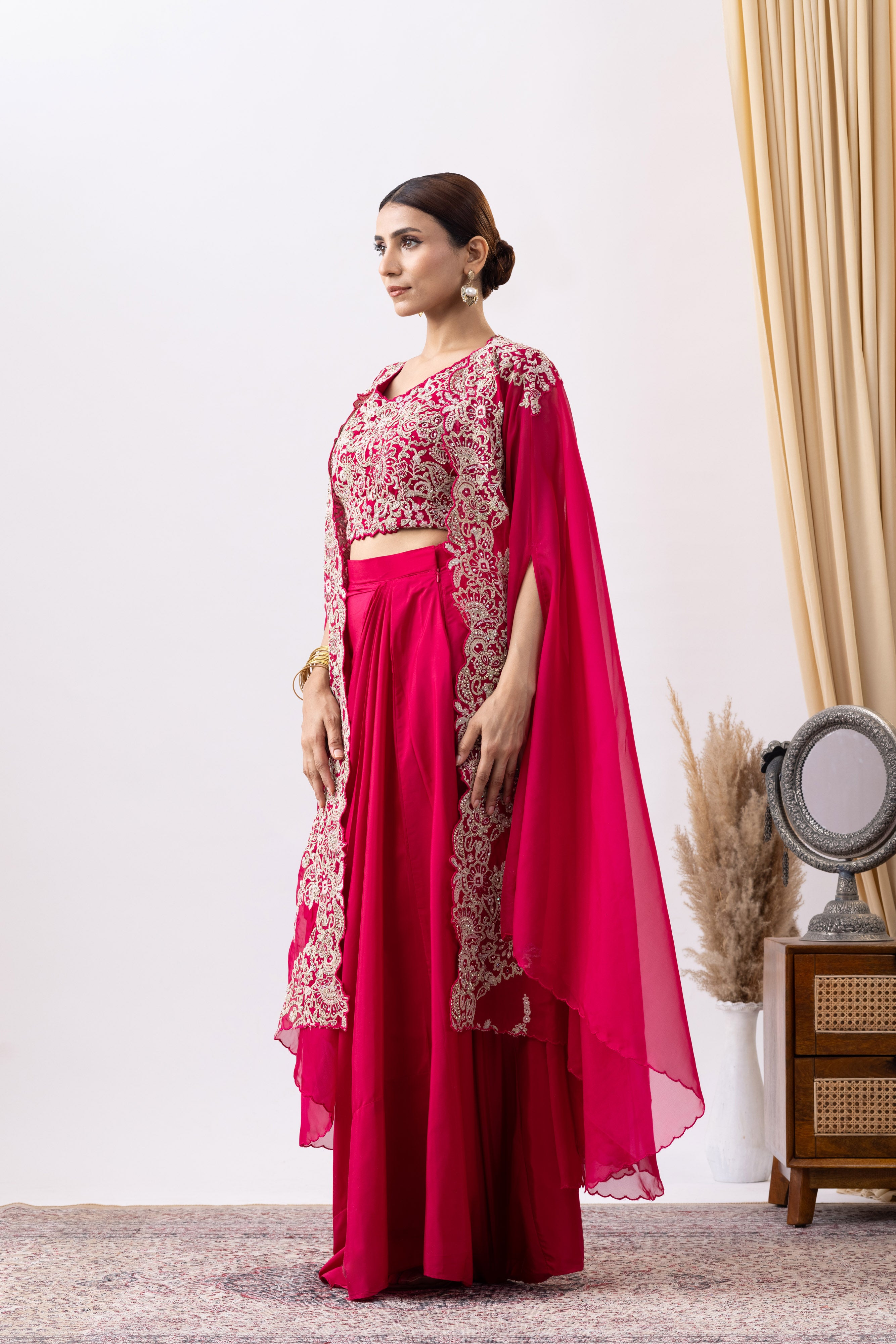 Magenta Pink Crepe Draped Set with Embroidered Cape