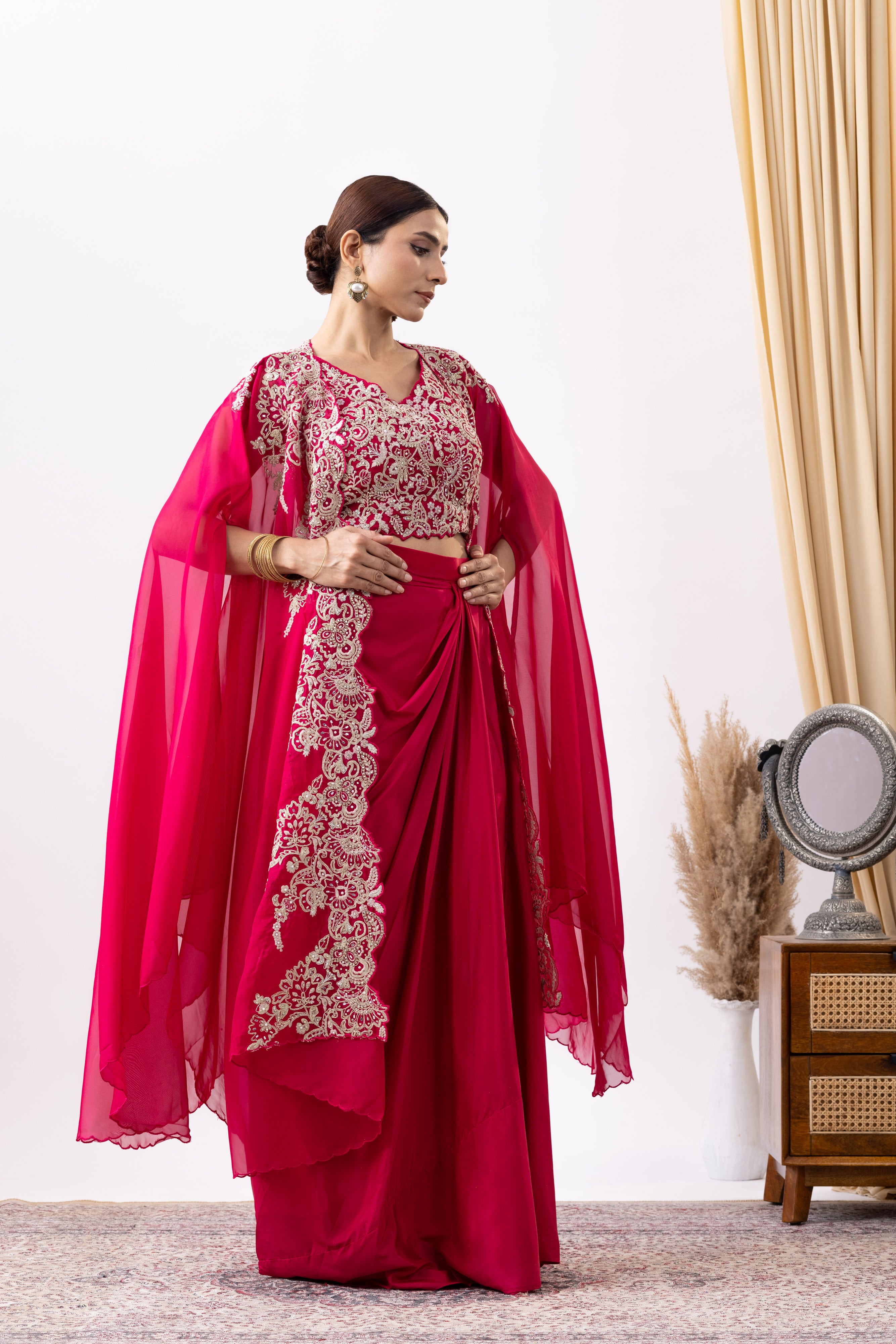 Magenta Pink Crepe Draped Set with Embroidered Cape