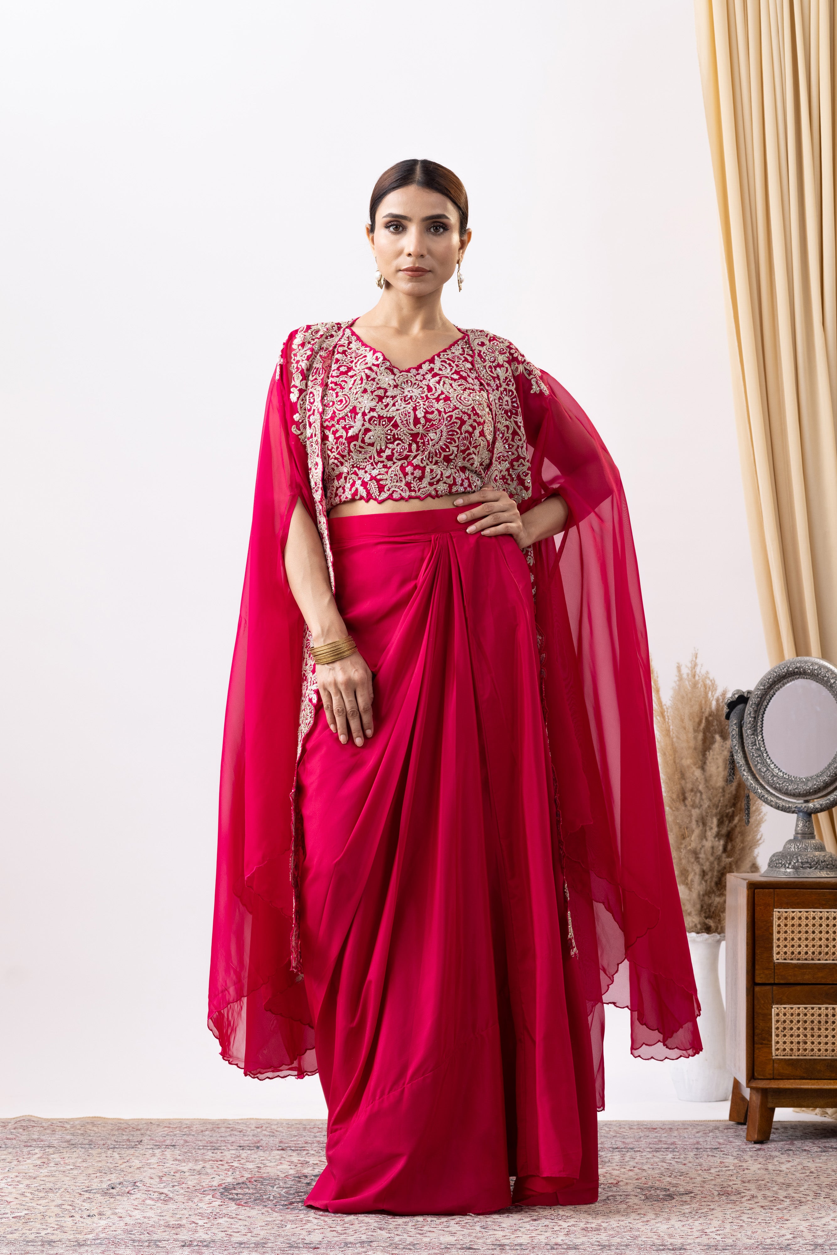 Magenta Pink Crepe Draped Set with Embroidered Cape