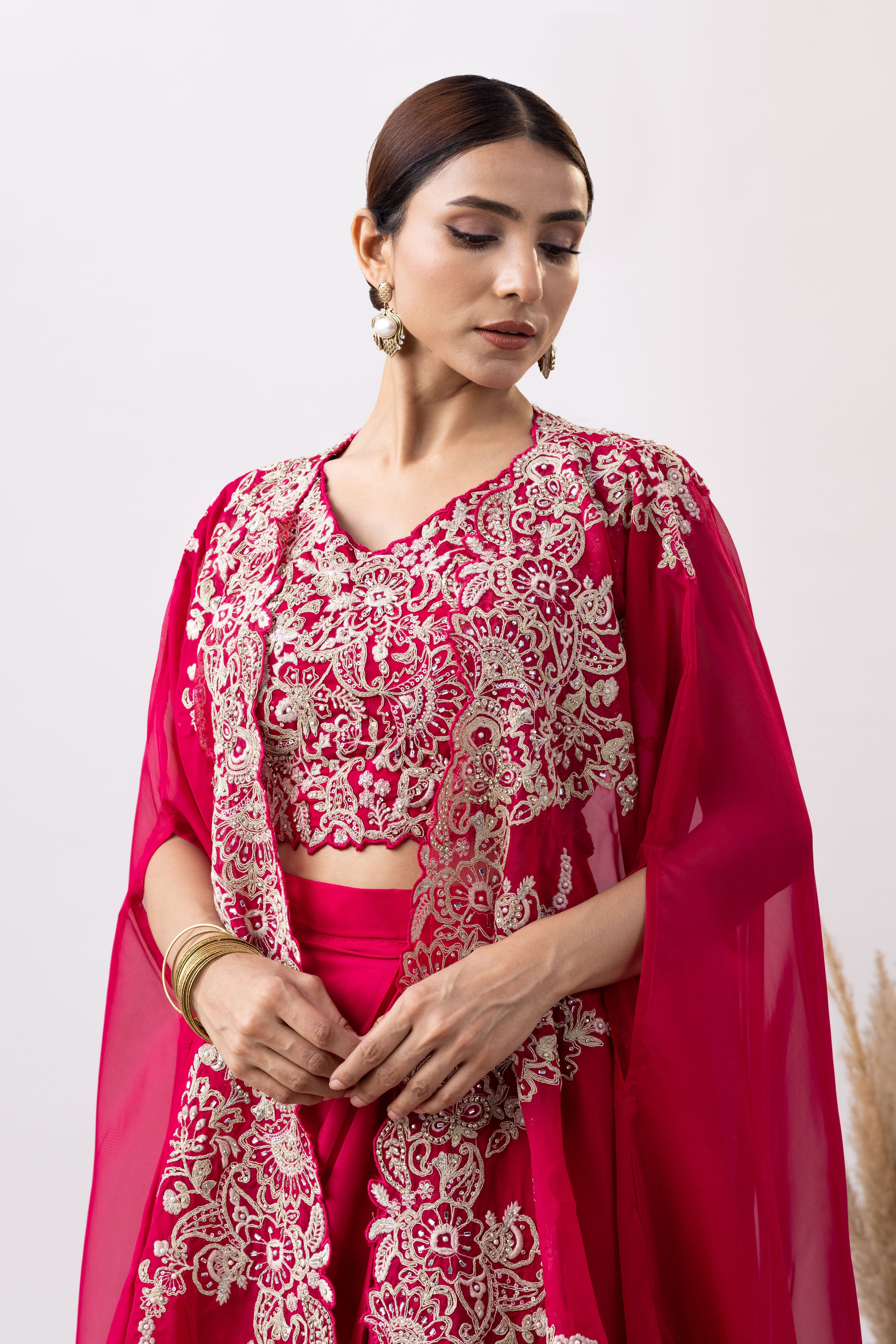 Magenta Pink Crepe Draped Set with Embroidered Cape