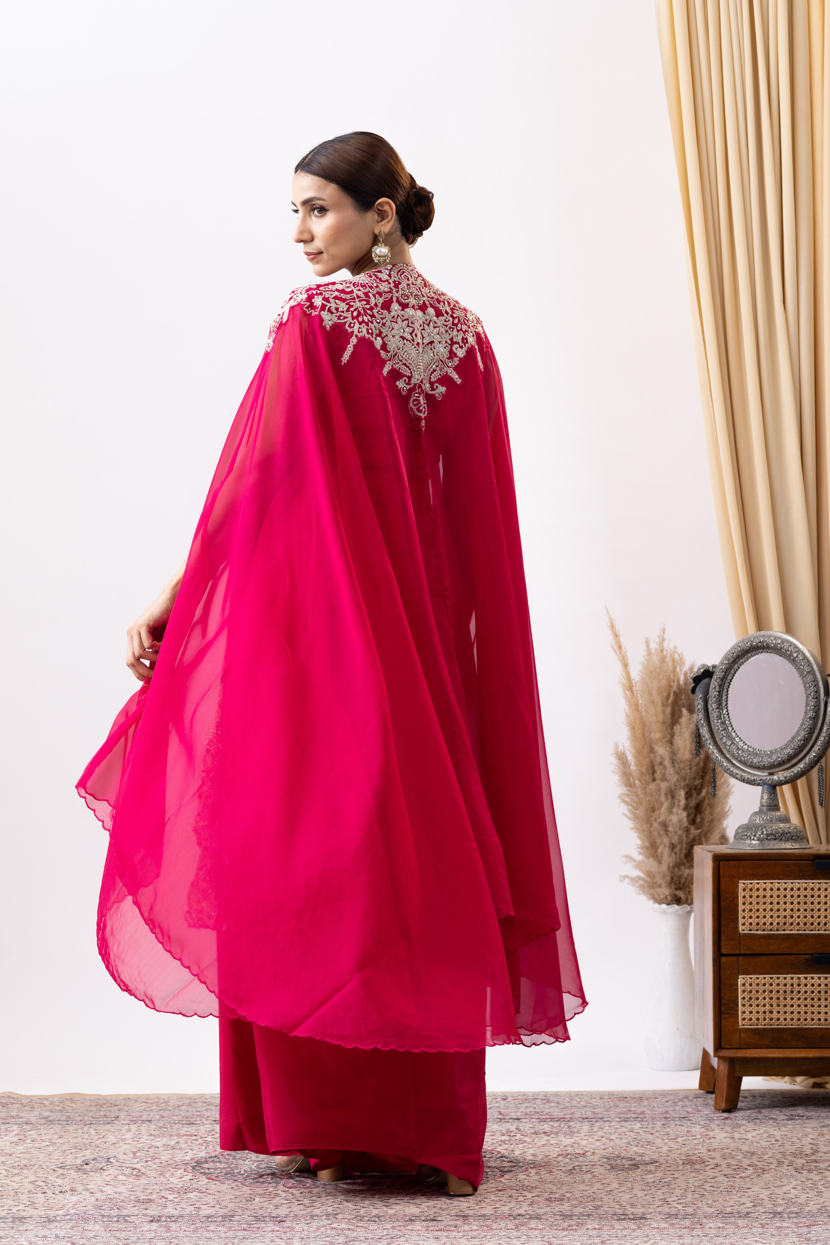 Magenta Pink Crepe Draped Set with Embroidered Cape