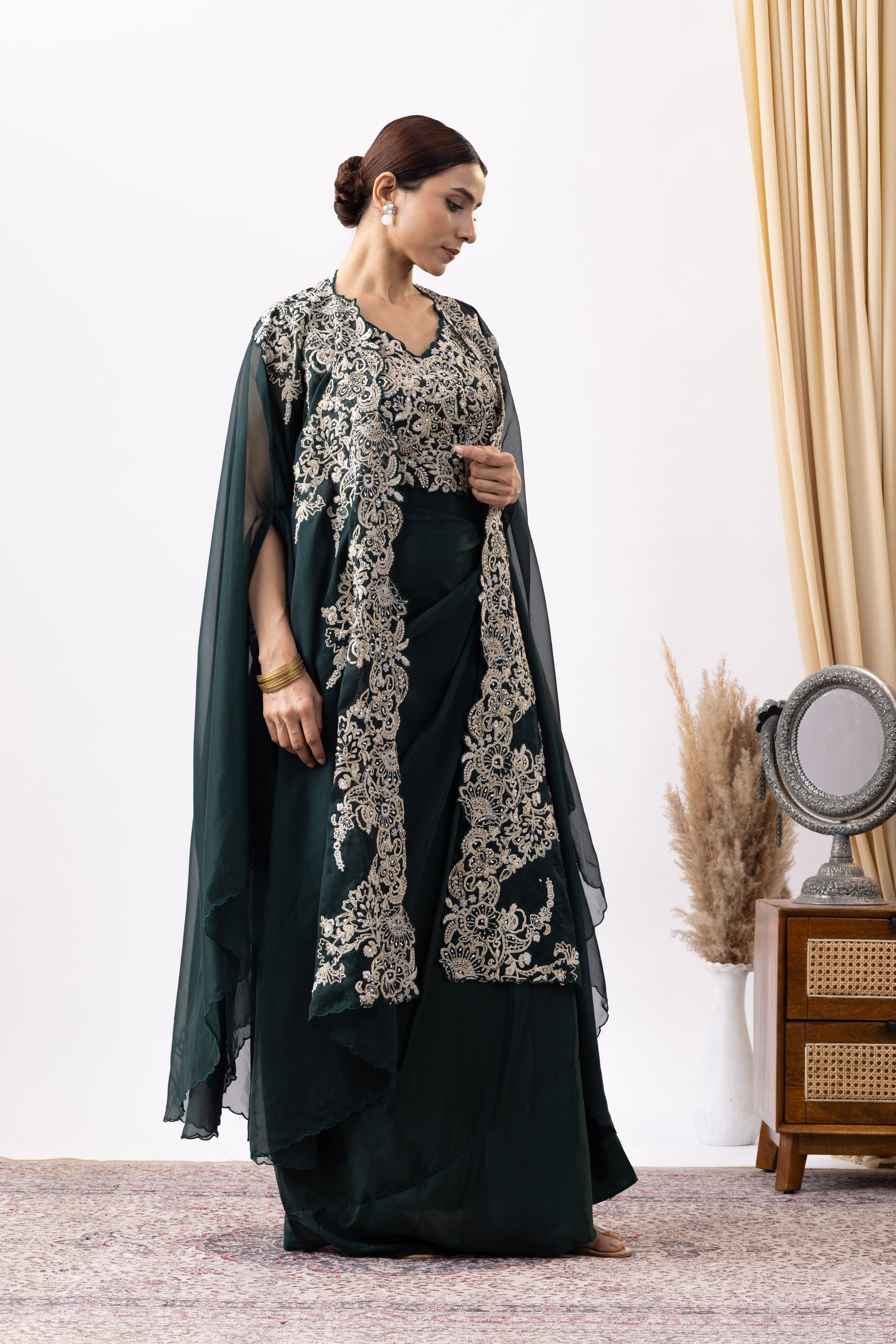 Bottle Green Crepe Draped Set with Embroidered Cape