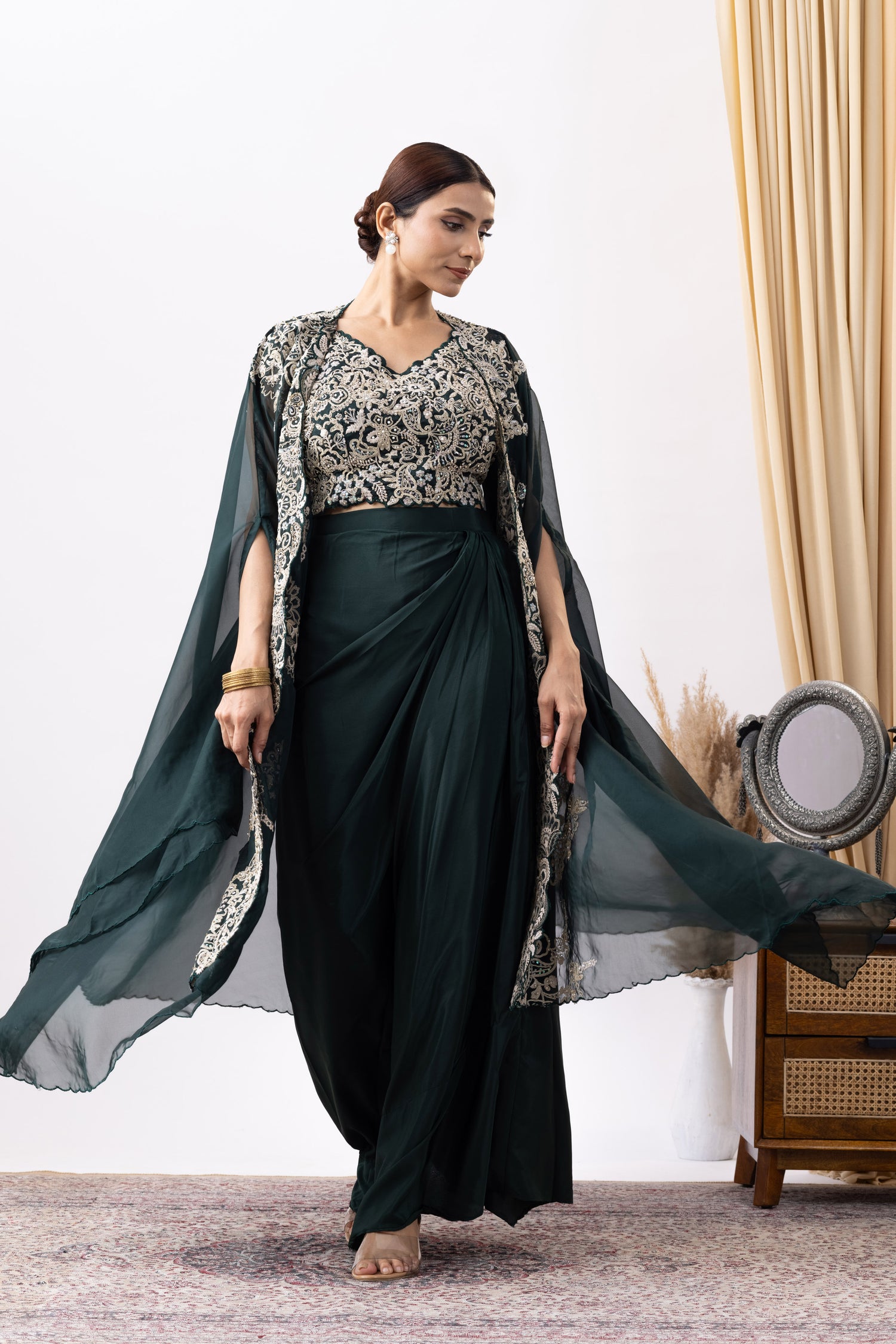 Bottle Green Crepe Draped Set with Embroidered Cape