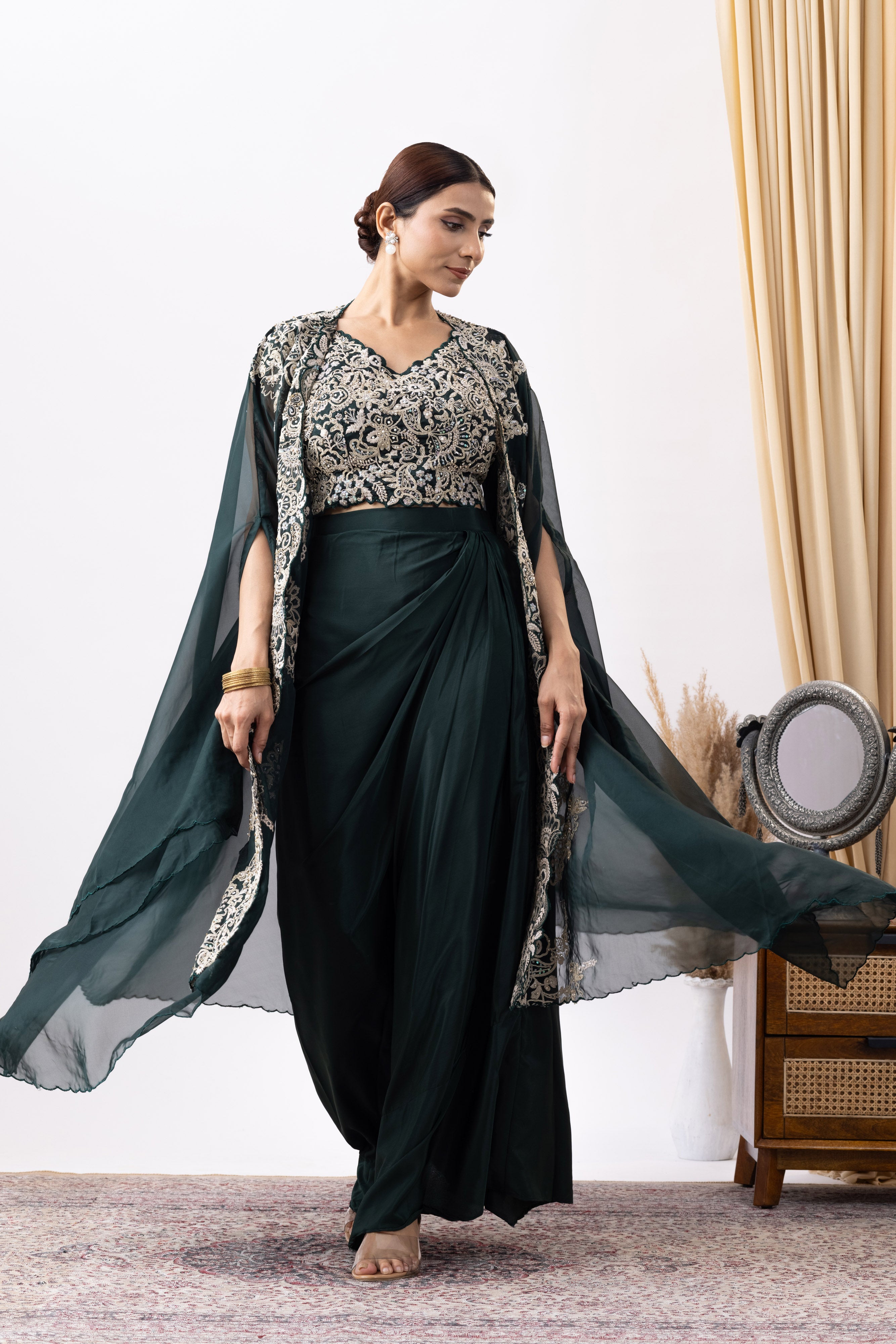 Bottle Green Crepe Draped Set with Embroidered Cape