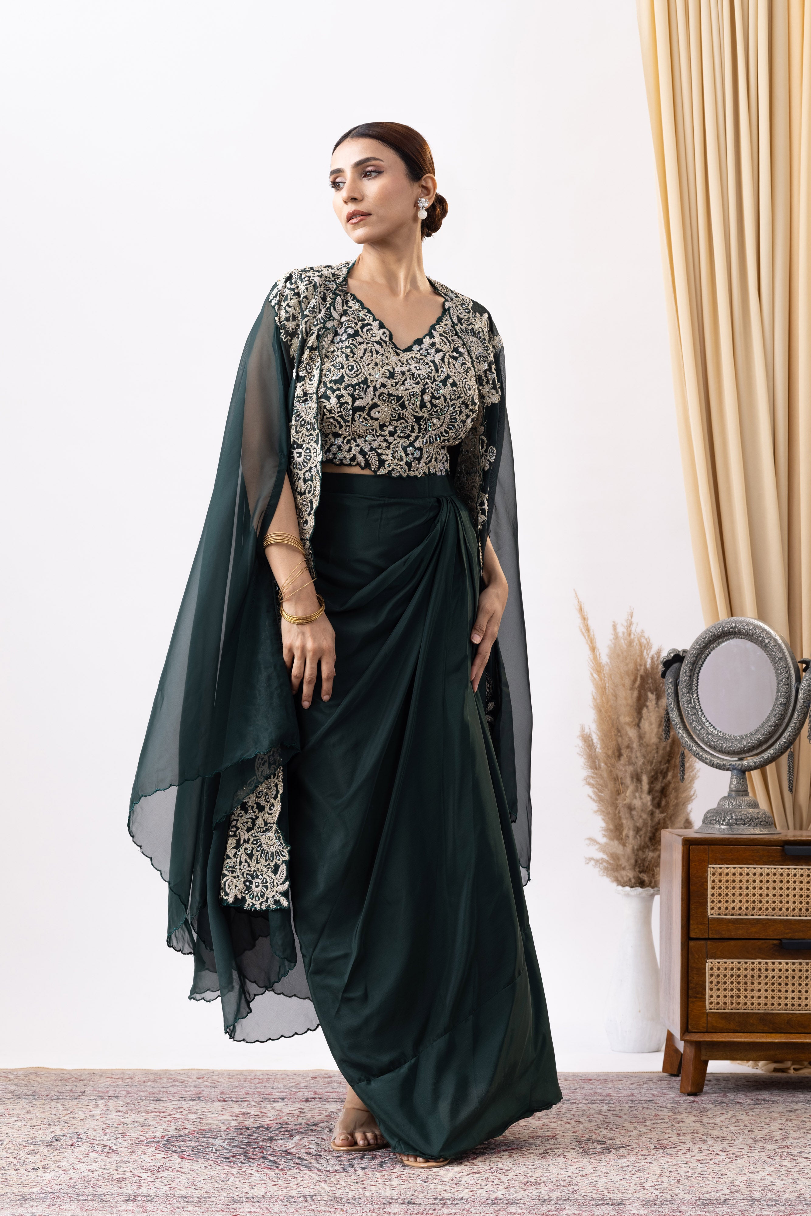 Bottle Green Crepe Draped Set with Embroidered Cape
