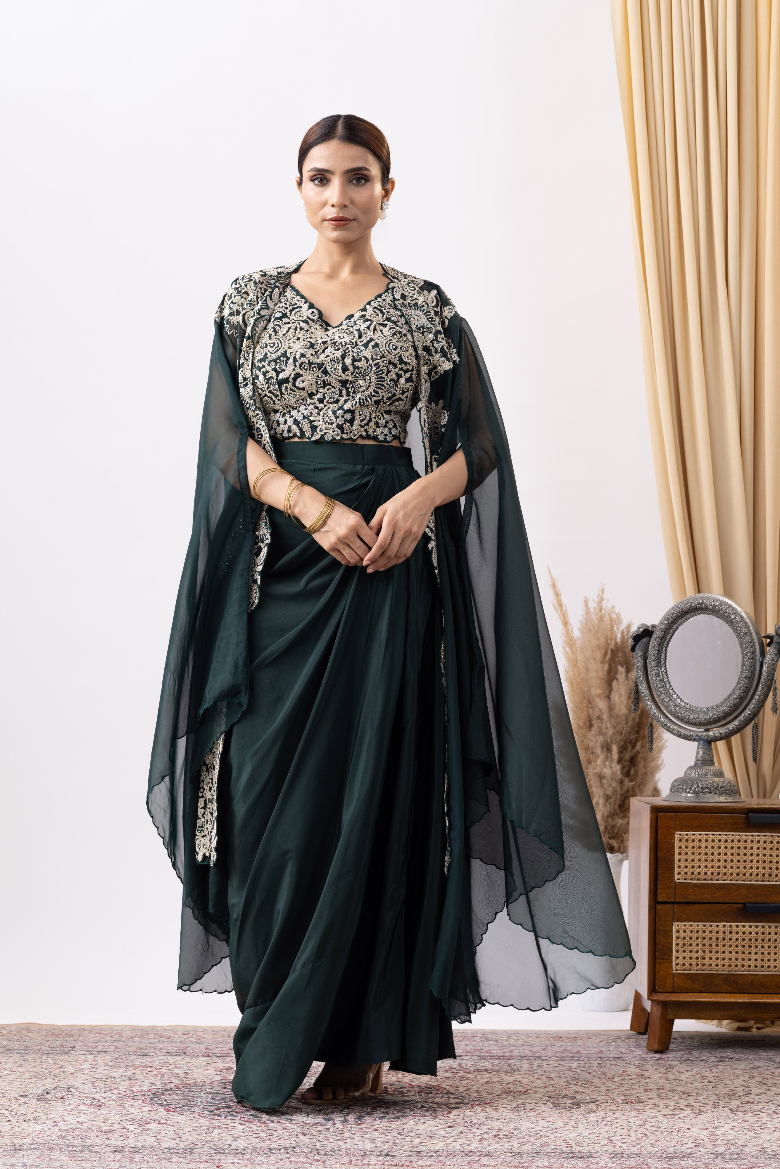 Bottle Green Crepe Draped Set with Embroidered Cape