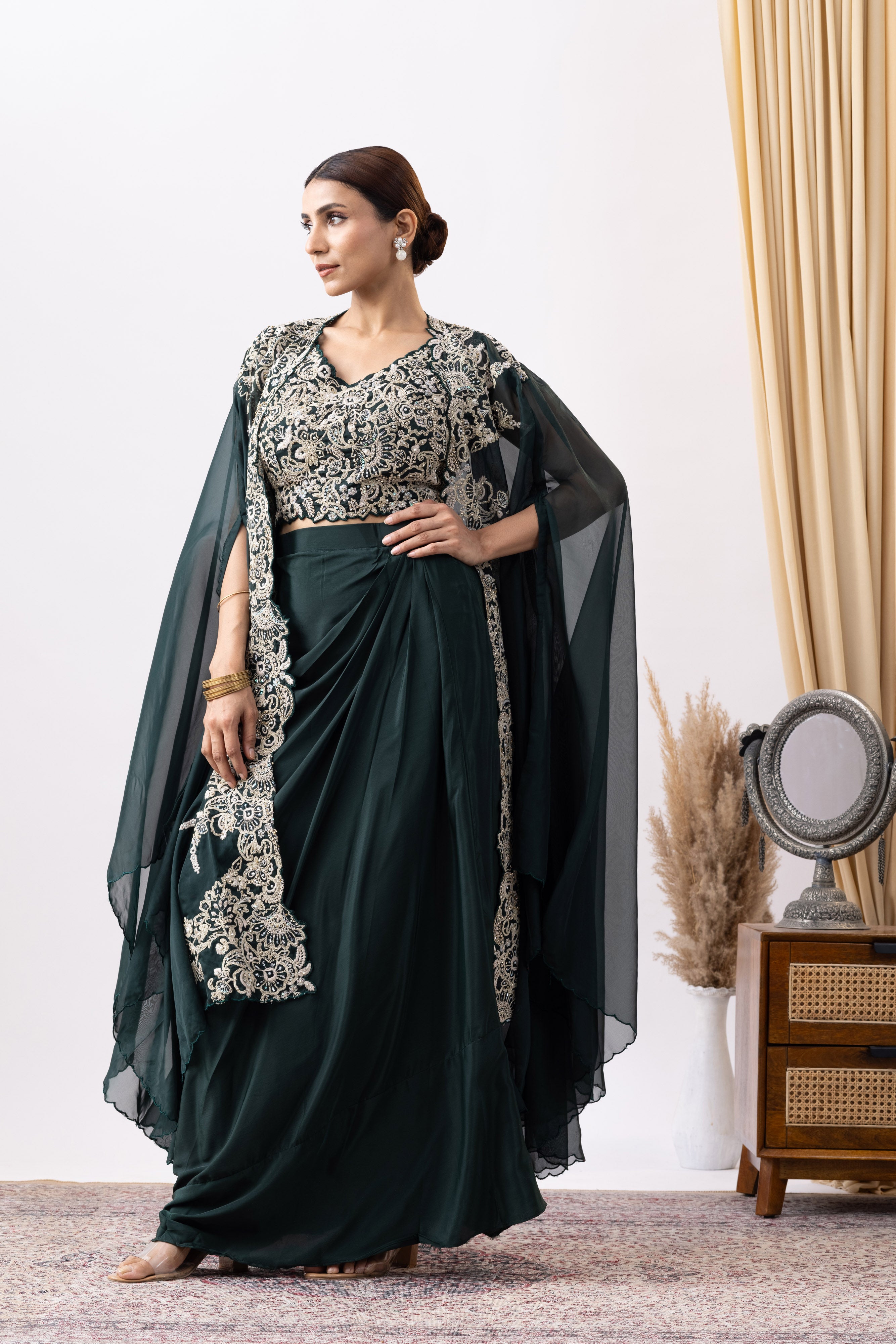 Bottle Green Crepe Draped Set with Embroidered Cape