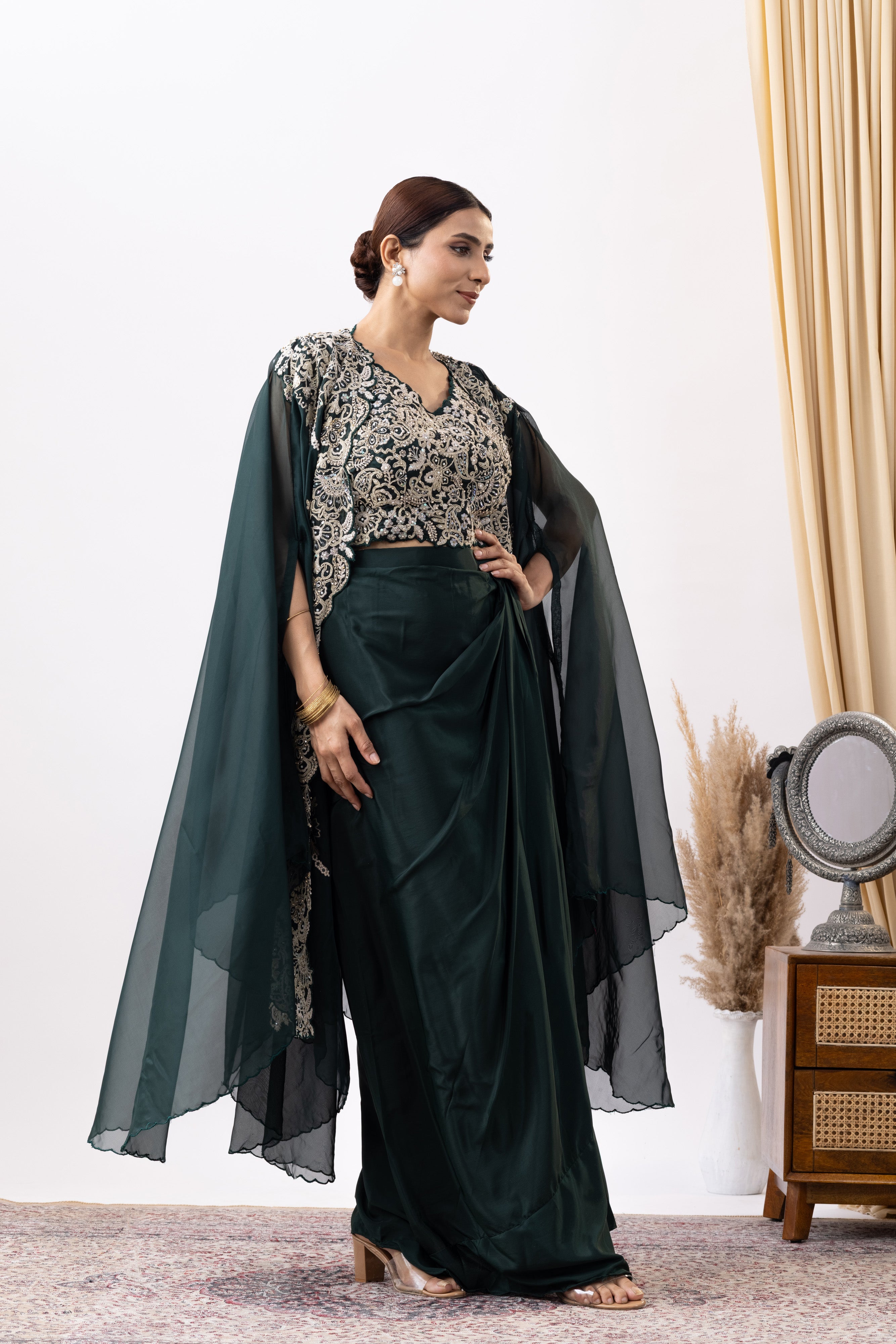 Bottle Green Crepe Draped Set with Embroidered Cape