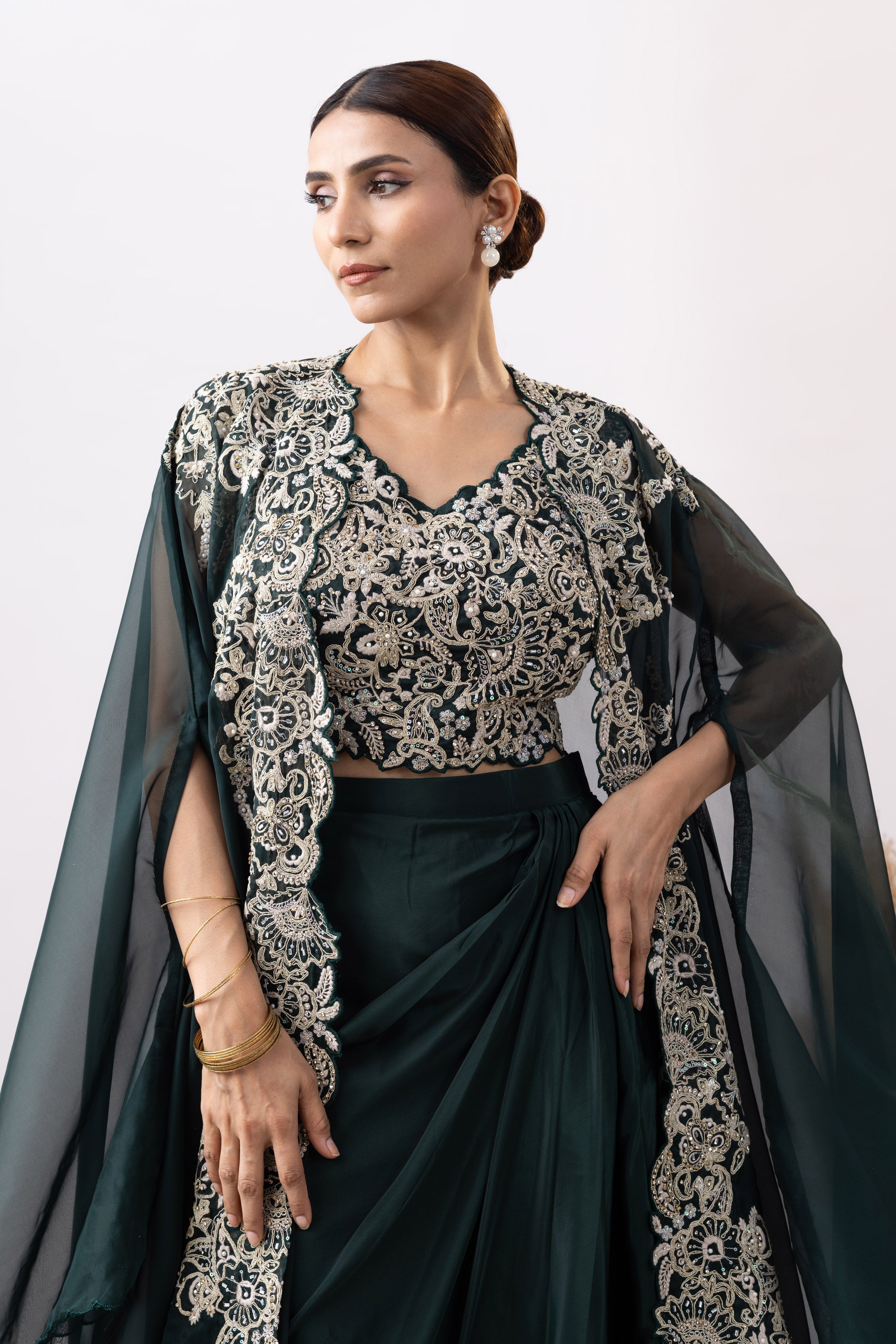 Bottle Green Crepe Draped Set with Embroidered Cape
