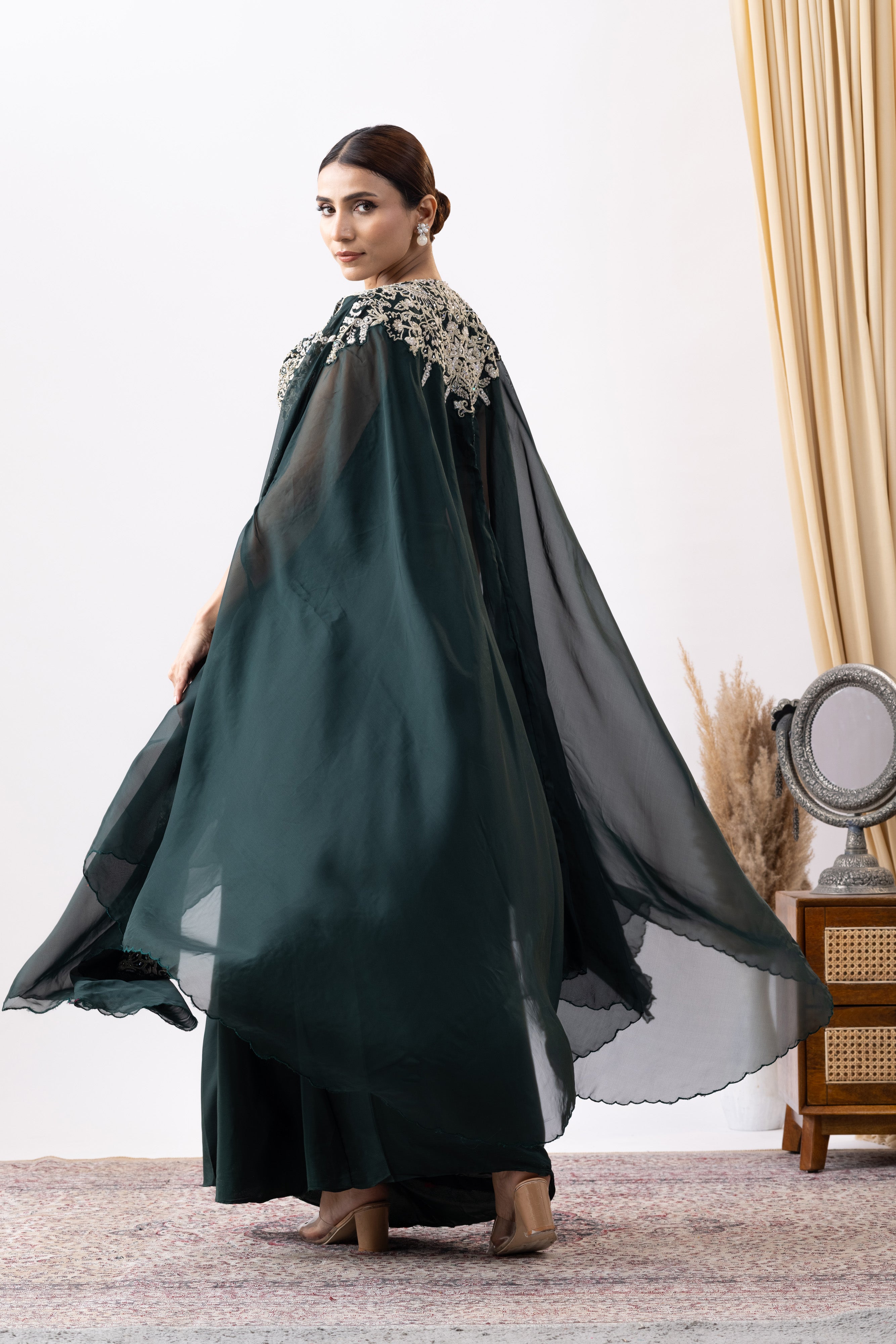 Bottle Green Crepe Draped Set with Embroidered Cape